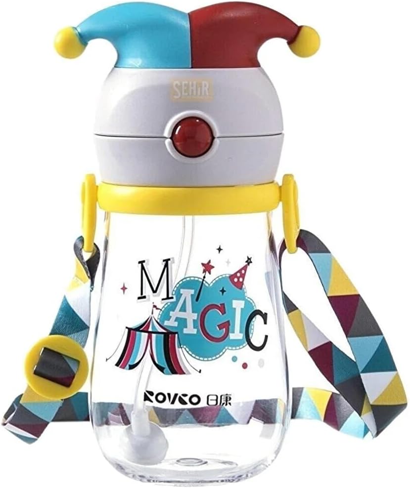Rovco 350ml Pipetli Eğlenceli Sihirbaz Desenli Ve Şapkalı Akıllı Pipet Toplu Tritan Su Matarası (Sarı-Kırmızı-Mavi)