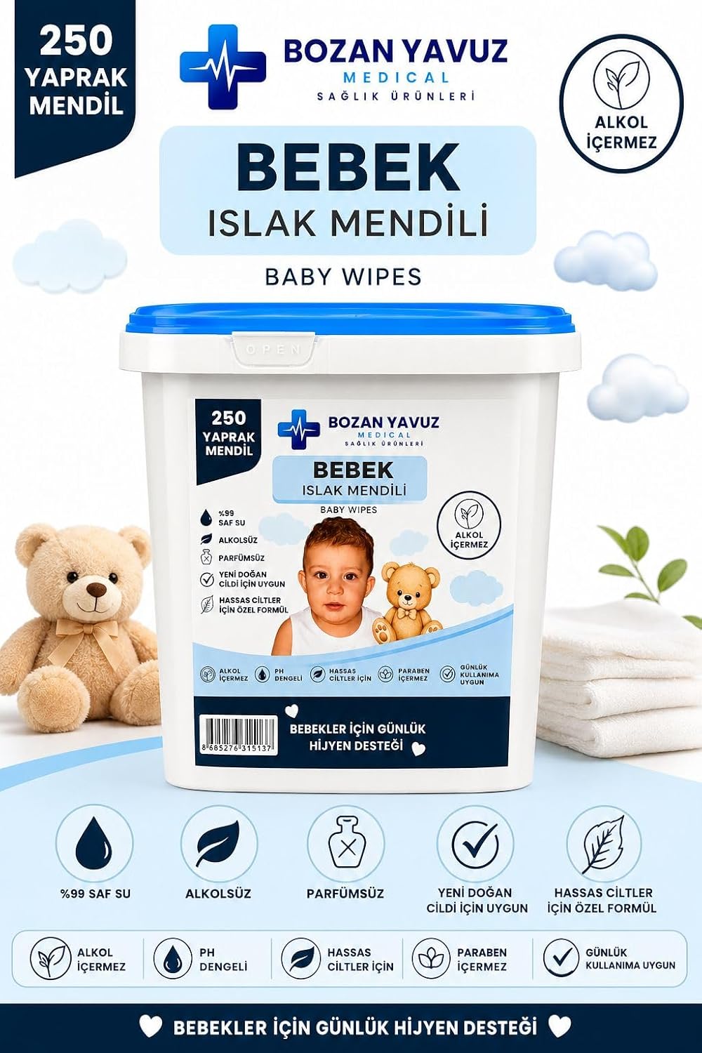 Bebek ıslak mendili 250li kova hassas ciltler