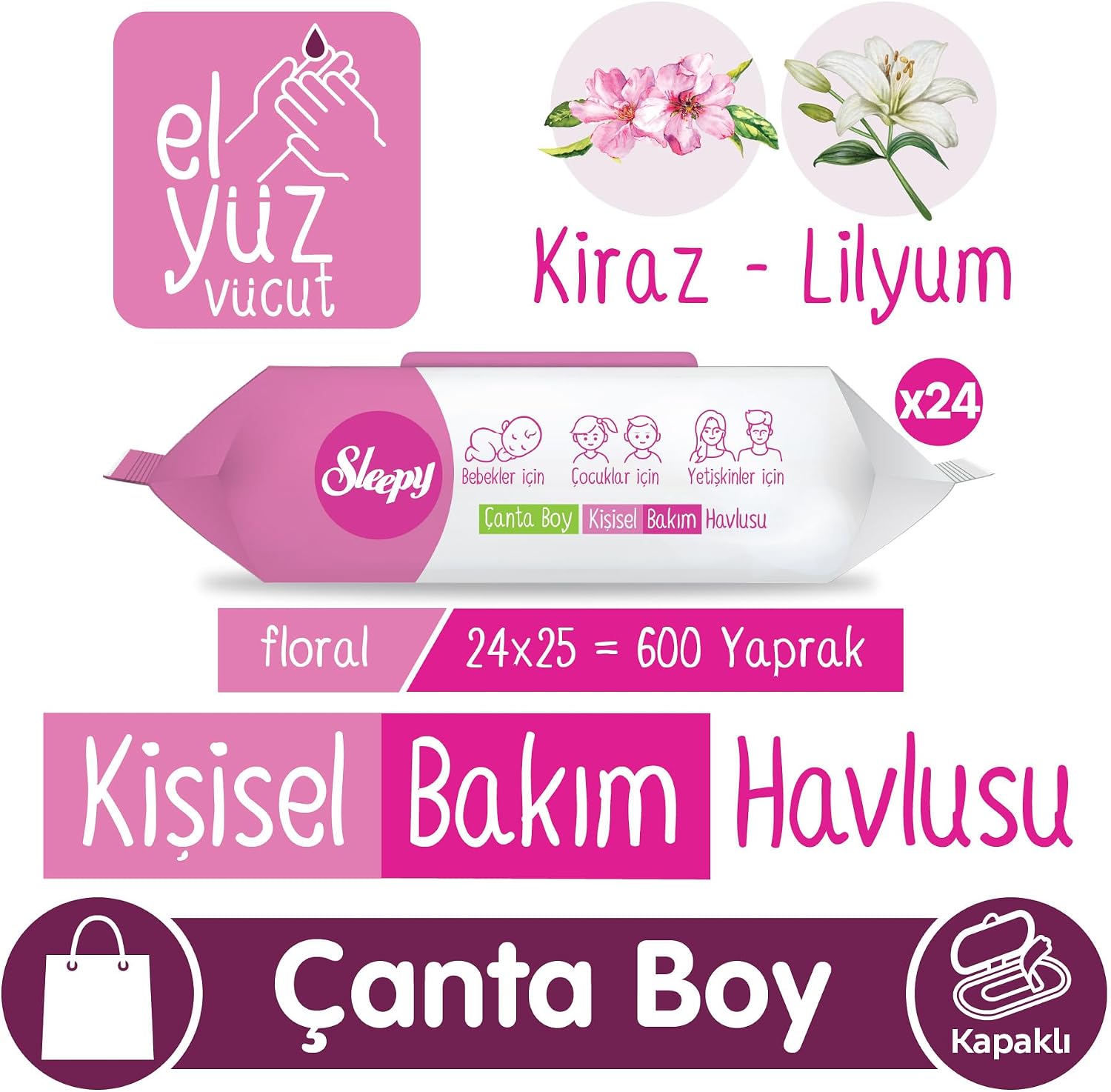 Floral Kişisel Bakım Havlusu Çanta Boy 24x25 (600 Yaprak)
