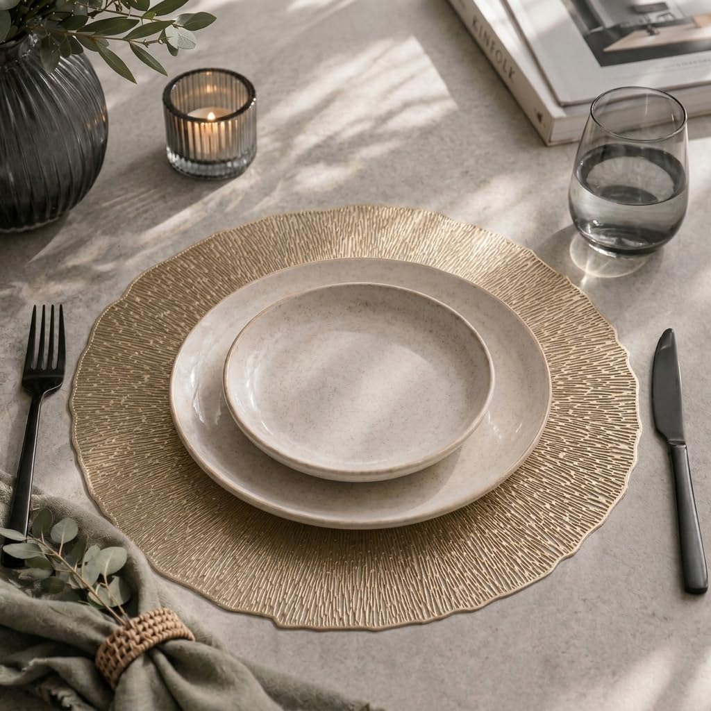 6'lı Plastik Amerikan Servis Seti, Yuvarlak 38 cm Gold Yaprak Desenli Supla, Yıkanabilir Silinebilir Tabak Altlığı, Yemek Masası Servis Sunum Matı