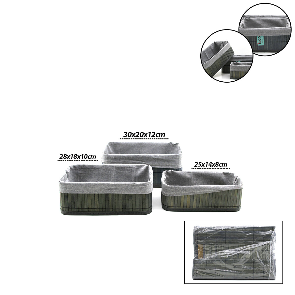 Gri 3 Boy D.dörtgen Bambu Kenar Organizer Sepet Ahşap Altlık - Bezli 25X14-28X18-20X30CM