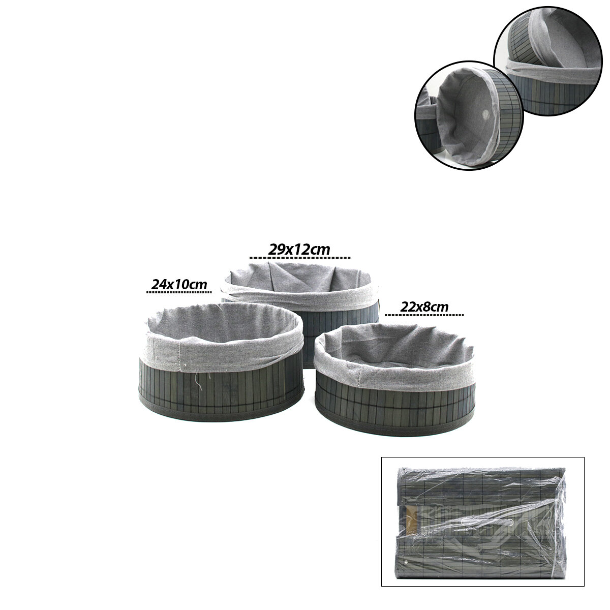 Gri 3 Boy Yuvarlak Bambu Kenar Organizer Sepet Ahşap Altlık - Bezli Çap: 22X24X29CM