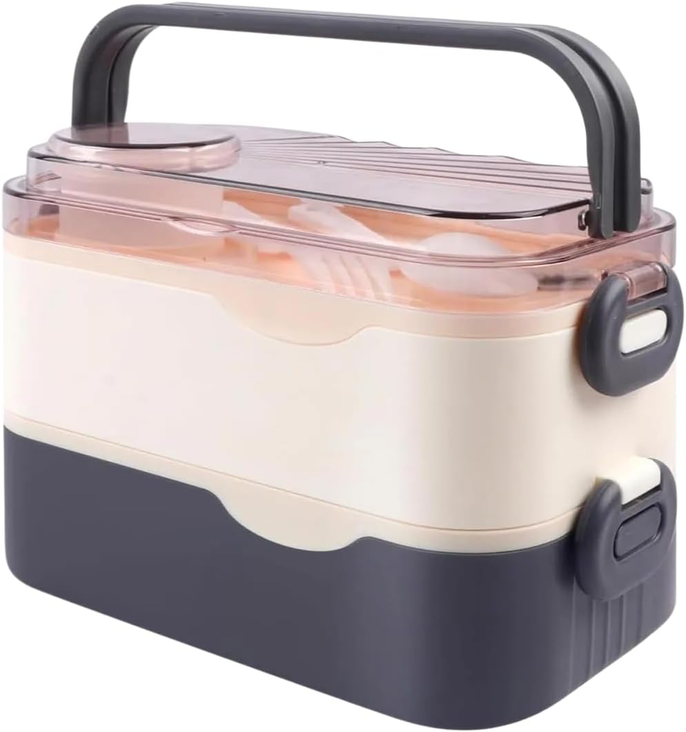 Bento 1350ml Lunchbox 2 Katlı 3 Bölmeli ve Sosluklu Çelik Sefer Tası Yemek Kutusu Çatal Kaşık Hediyeli (Lacivert)