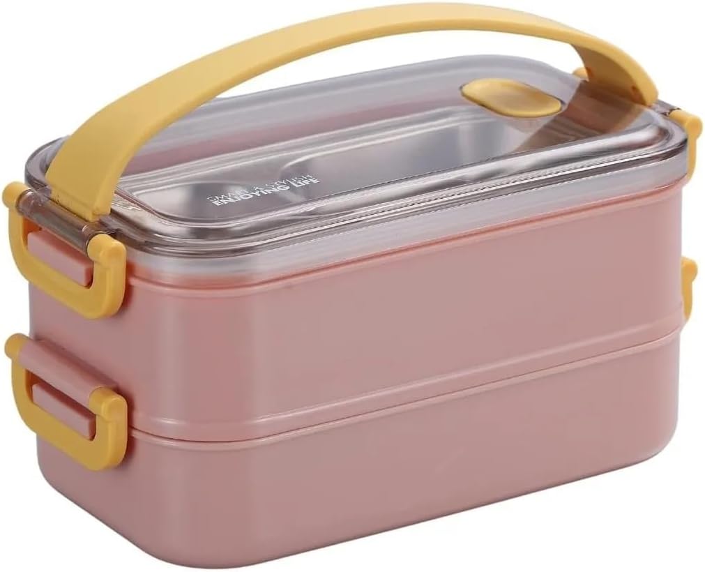 Vagonlife Bento 1400ml Lunchbox 2 Katlı Çelik Sefer Tası Yemek Kutusu (Pembe)