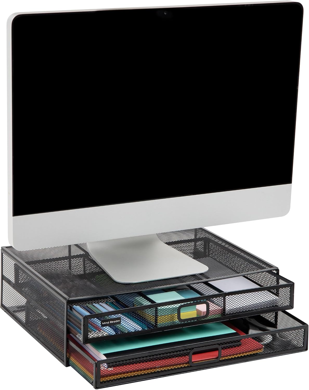 Ağ Koleksiyonu, 2 Çekmeceli Dosya Depolamalı Monitör Standı, Masa Düzenleyici, Metal Örgü, Çok Amaçlı, 15,75 inç U x 11,75 inç G x 4,5 inç Y, Siyah