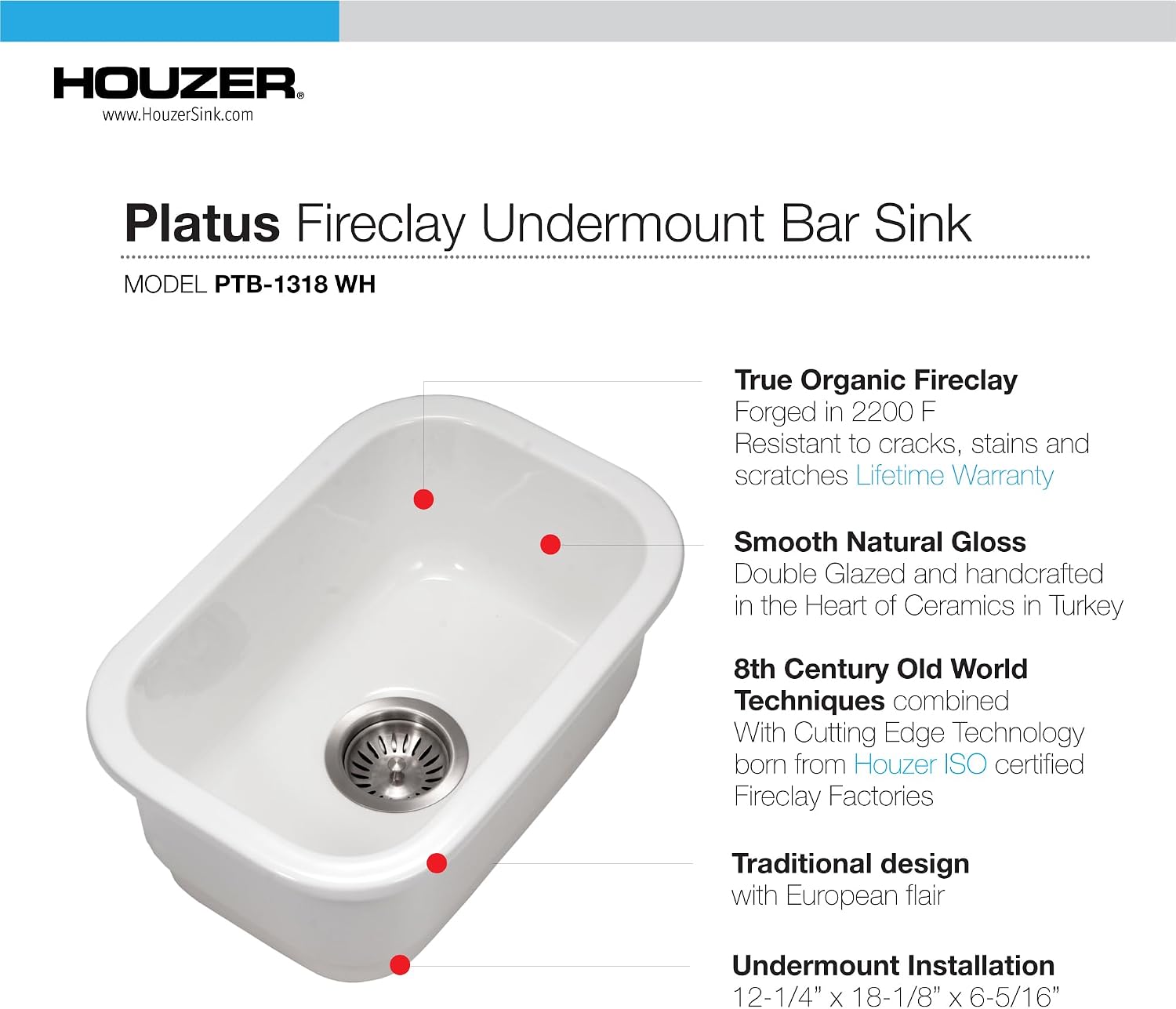 PTB-1318 WH Fireclay Bar Lavabosu, Beyaz
