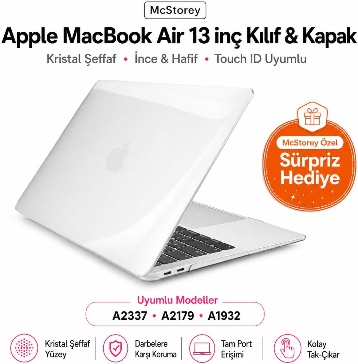 MacBook Air 13 İnç Kılıf Parlak Kristal Beyaz Düz Desenli Koruyucu Sert Kapak A2337 M1 2020 ve A2179 2020 A1932 2018-2019 Uyumlu İnce Hafif Dizüstü Bilgisayar Kılıfı