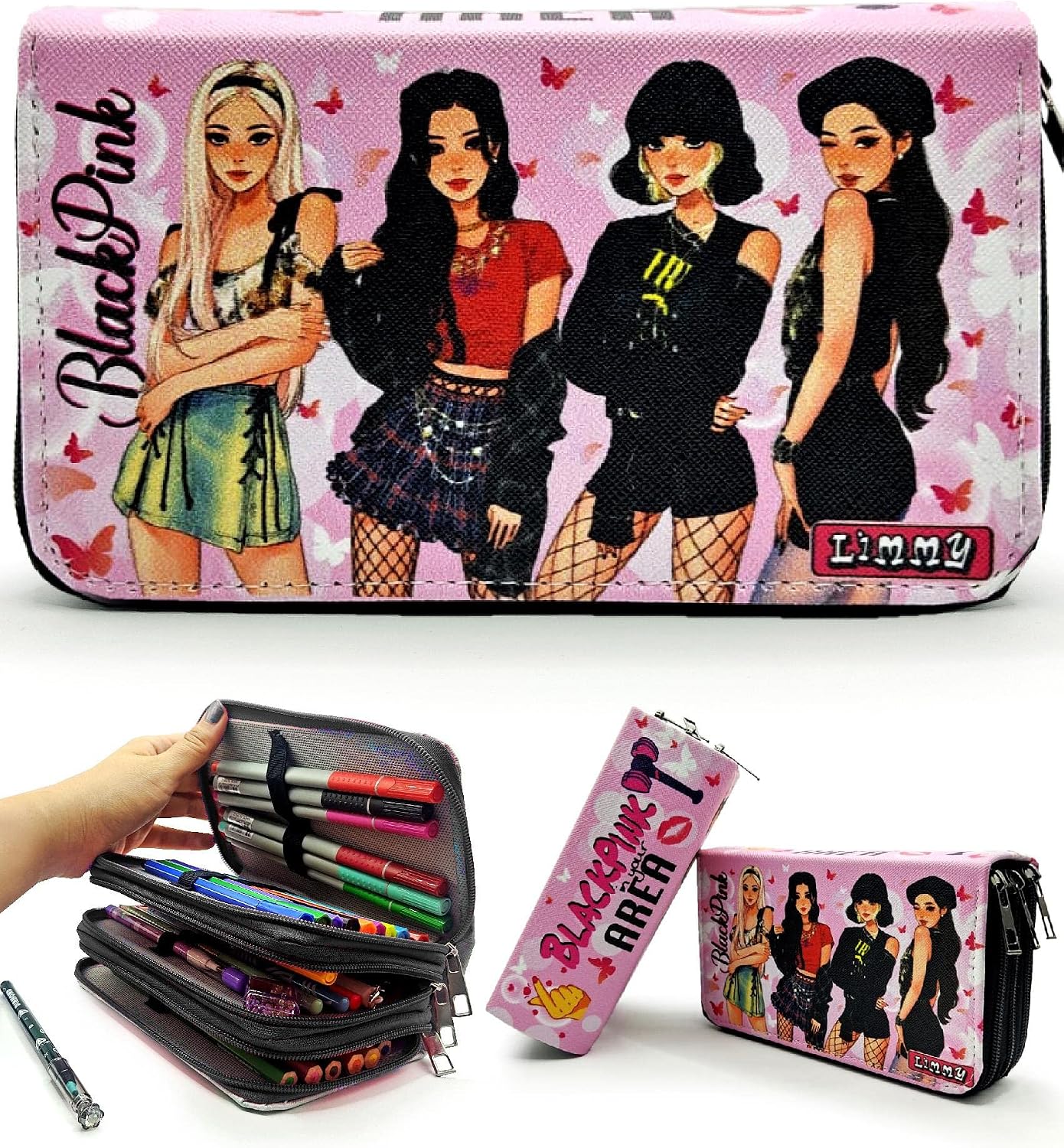 Kalem Kutusu Black Pink Organizer Kalemkutu Vegan Deri Üç Bölmeli Kalemlik-Siyah
