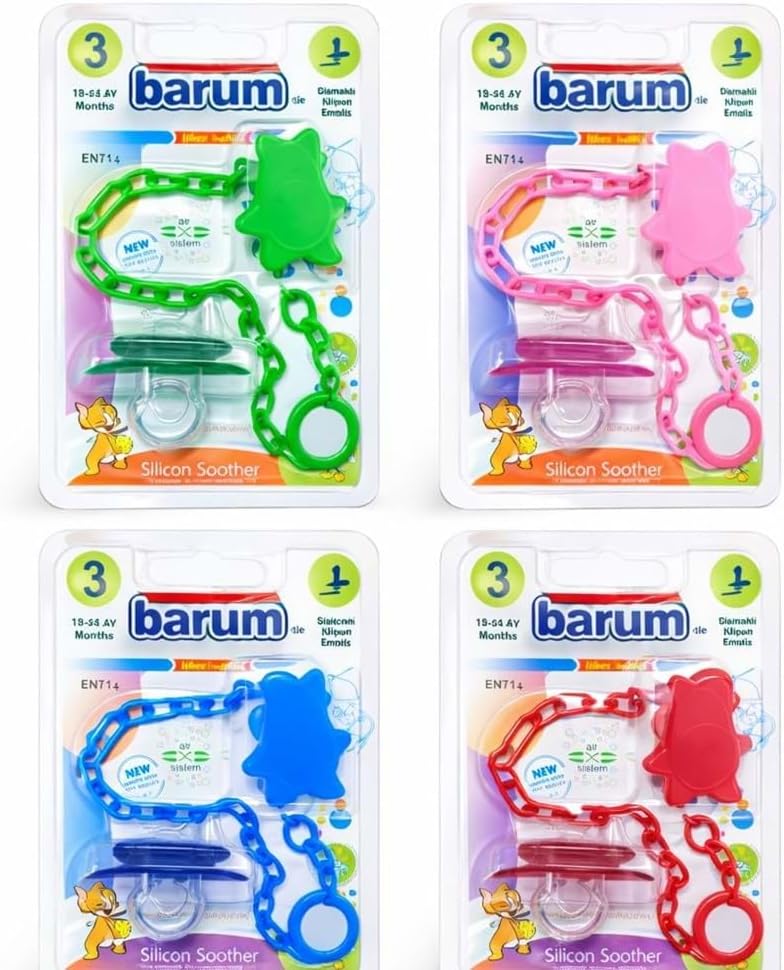 Barum Baby No:3 Damaklı ve Zincirli Bebek Emziği | 18-24 Ay Büyüyen Bebekler İçin Ortodontik Silikon Uç, Askı Klipsli Koruyucu Set | BPA İçermez Güvenli Emzik (Mavi, No: 3)