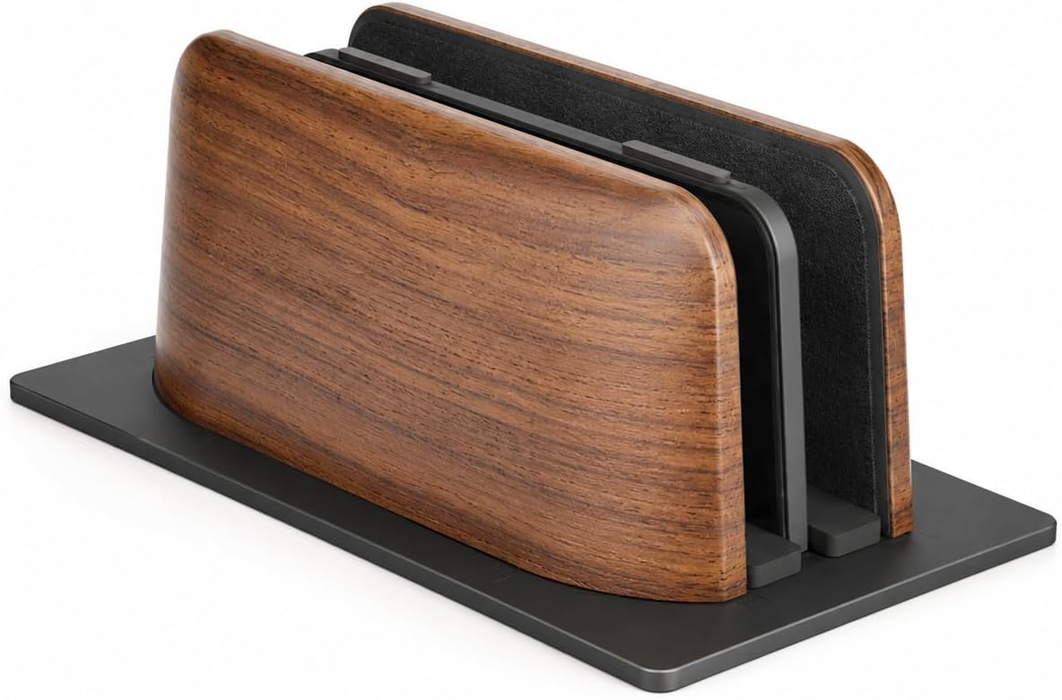 Ahşap Dikey Laptop Standı, Çift Yuvalı 2 Cihazlık MacBook ve Notebook Tutucu, Masaüstü Organizer, Kaymaz Tabanlı Ahşap Metal Bilgisayar Standı Kahverengi