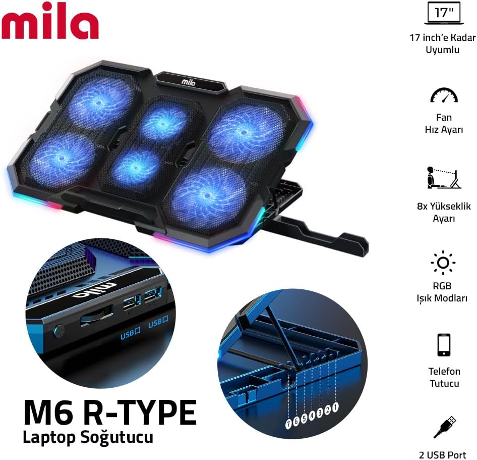 Classone Mila Serisi M6 R-TYPE 15-17 inch Uyumlu 2200 RPM, RGB Işıklı, 6 Fan, Telefon Stand, 2 USB Notebook Soğutucu Stand
