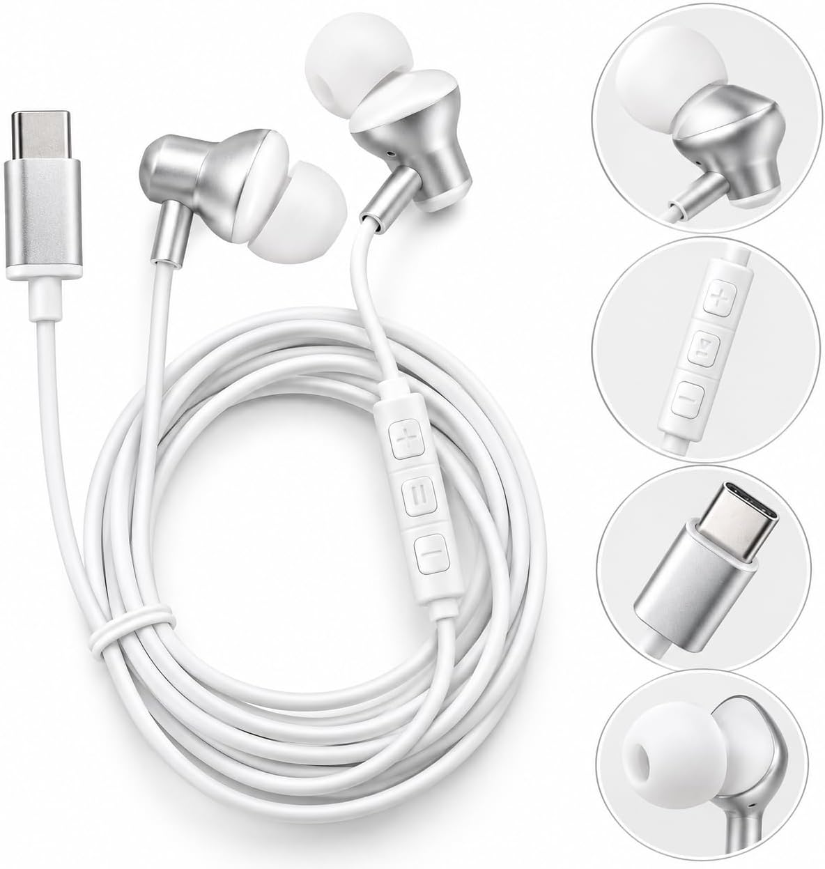 Type C Kablolu Kulaklık Mikrofonlu USB C Kulak İçi Kulaklık, 10 mm Güçlü Bass, Metal Gövde, 3 Tuşlu Ses Kontrolü, Müzik ve Görüşme İçin Telefon Tablet Uyumlu Type-C Kulaklık