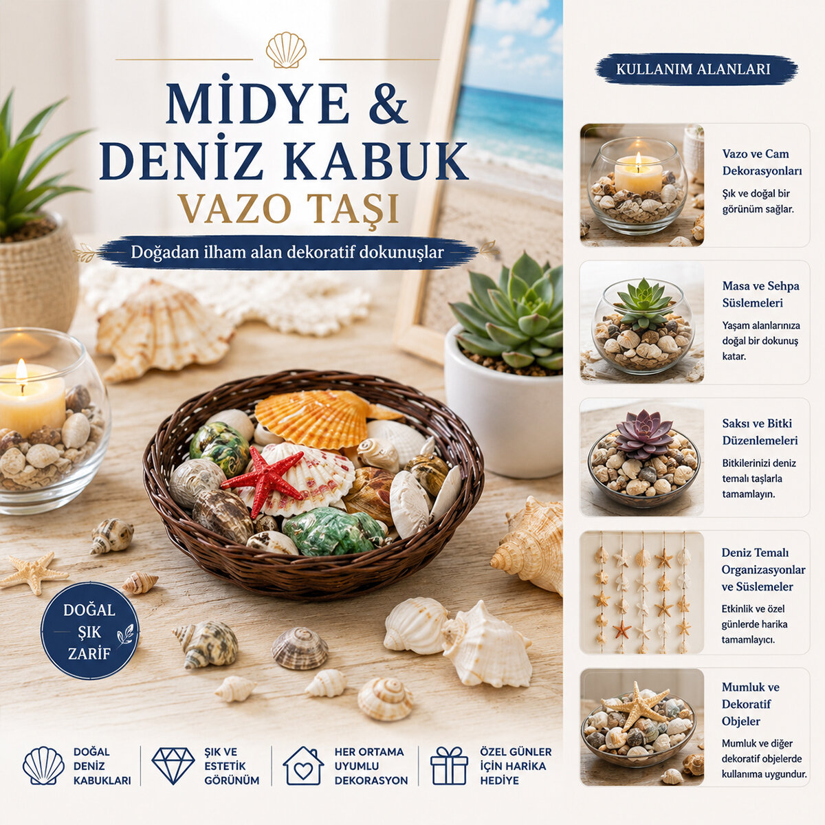 Yuvarlak Ahşap Sepet Renkli Mix Midye - Deniz Kabuk Vazo Taşı