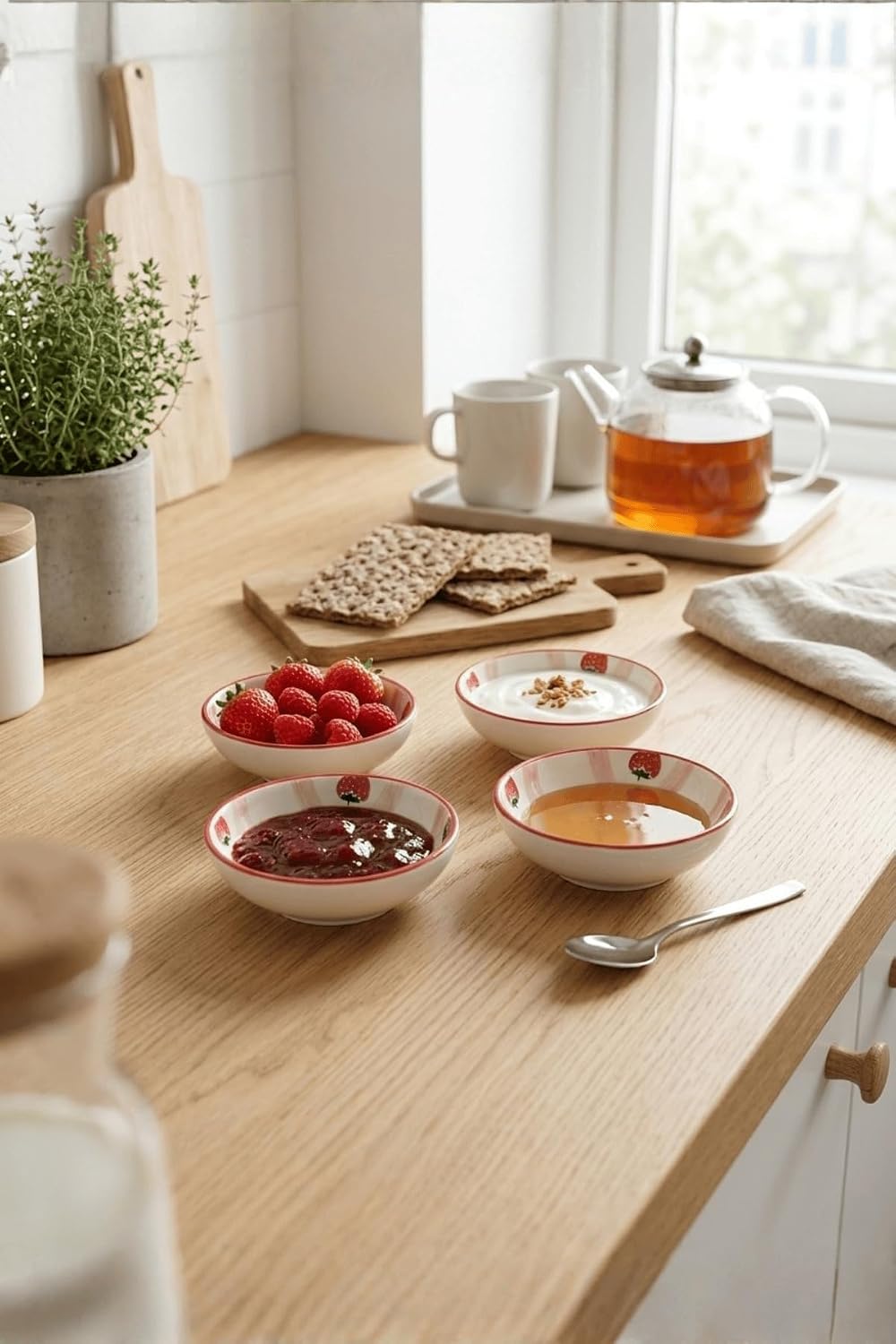 4'lü Seramik Oval Kahvaltılık Sosluk Reçellik Sunumluk Kase Seti Çilek Serisi 250 ml MIT1331