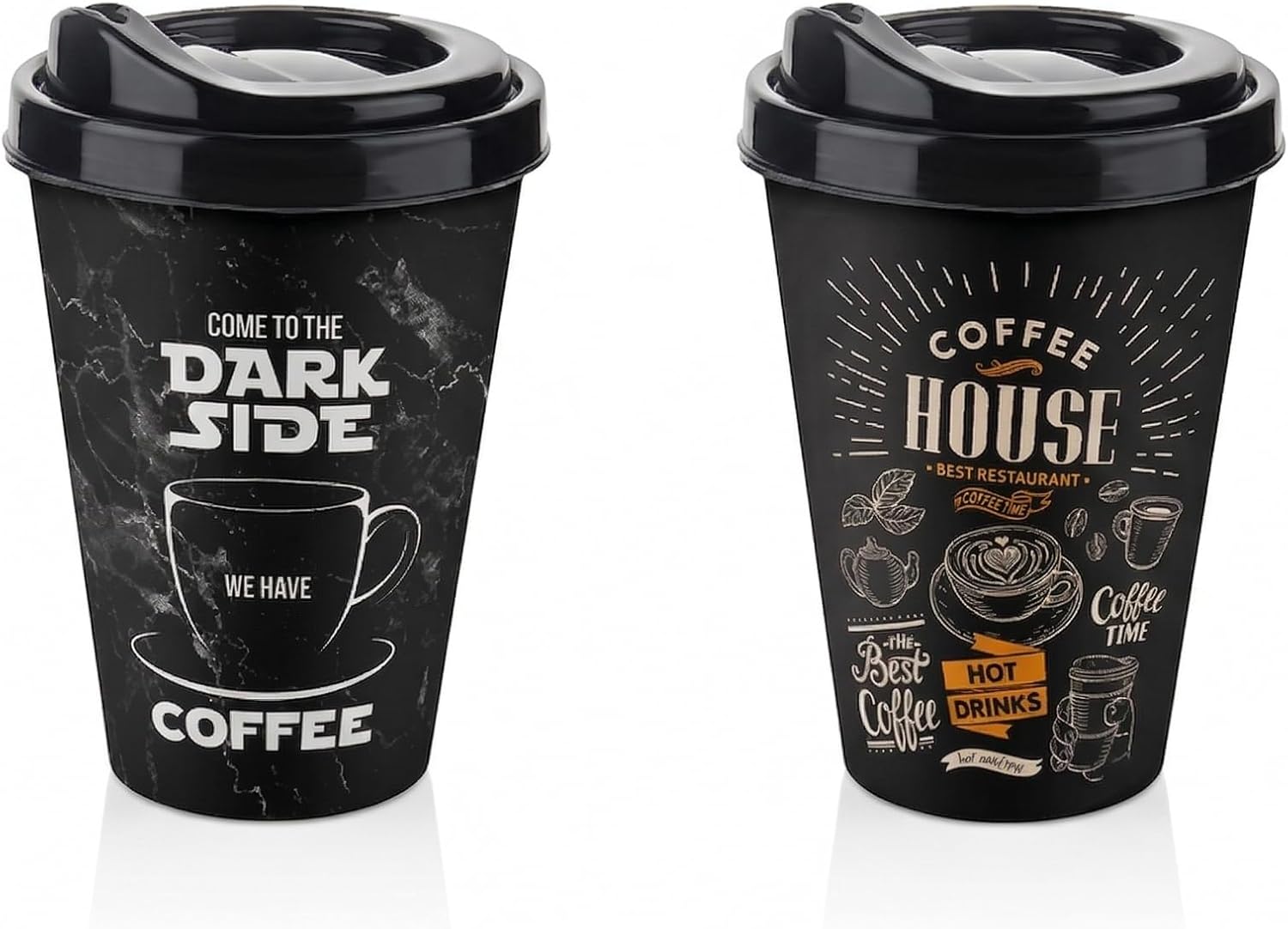 Titiz 2'li Coffee House Desenli Kahve Bardağı Takımı (2 x 400 ml) - Kahverengi Pipet Girişli Kapaklı İçecek Bardağı Paketi