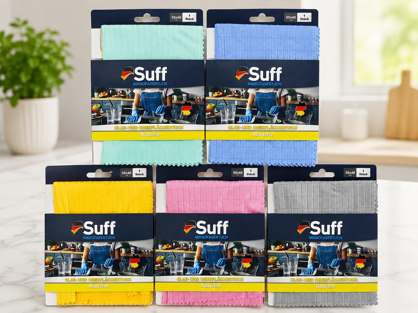 Suff Mikrofiber Narzisse Nergis Cam ve Yüzey Temizlik Bezi 50x40 cm – İz Bırakmayan, Yüksek Emicilikli – Karma Renk