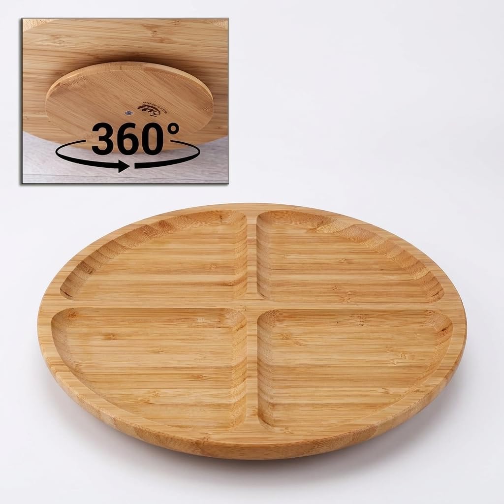 4 Bölmeli Dönerli Bambu Sunum Tepsisi, 360 Derece Dönebilen Yuvarlak Bambu Sunumluk, Kahvaltı, Kuruyemiş, Lokum, Zeytin, Kuru Meyve, Peynir ve Atıştırmalık Servis Tepsisi 30cm