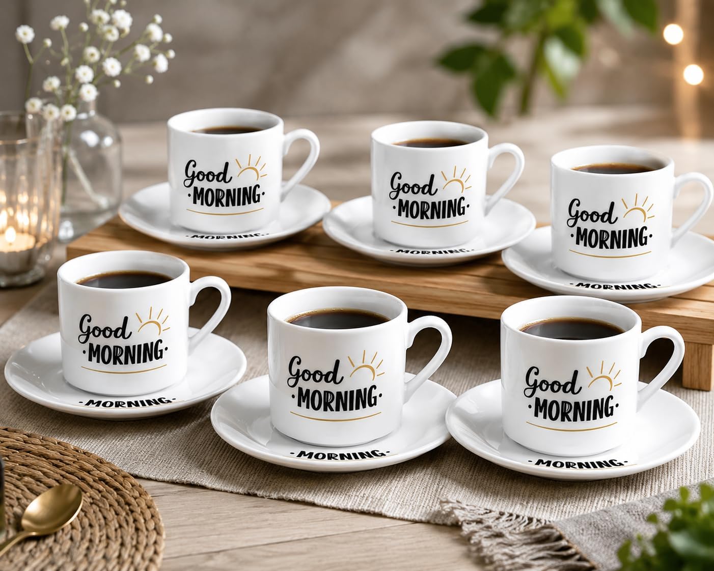 6’lı Porselen Kahve Fincanı Takımı – Good Morning Desenli 6 Fincan 6 Tabak – Türk Kahvesi ve Espresso Fincan Seti – Şık Sunum ve Çeyizlik