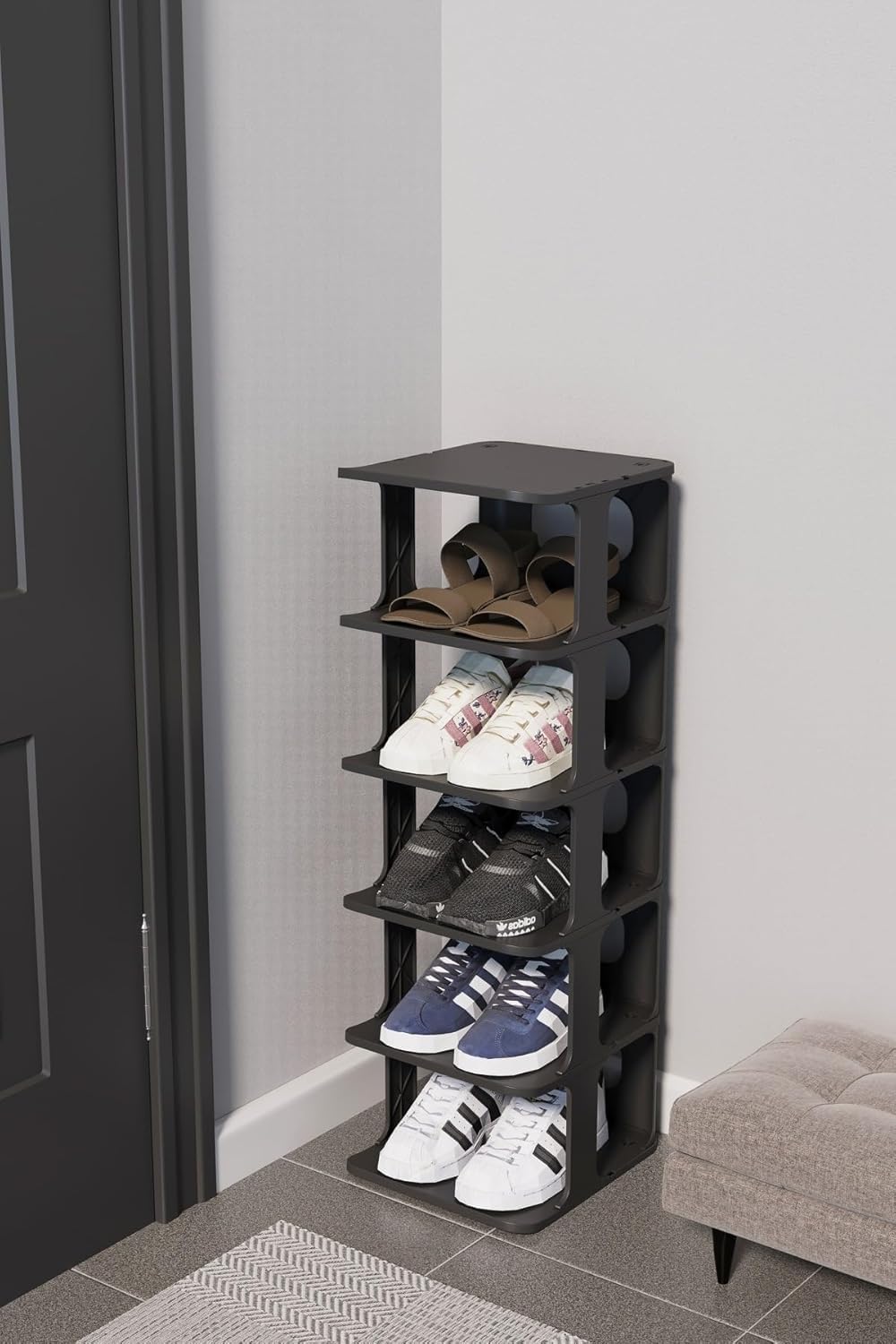 Modern 5 Katlı Ayakkabılık, Portatif Ayakkabı Rafı, Kolay Kurulum, 76x24.5x27.5 cm, 6 Raf ve Destek Parçaları ile (SİYAH)