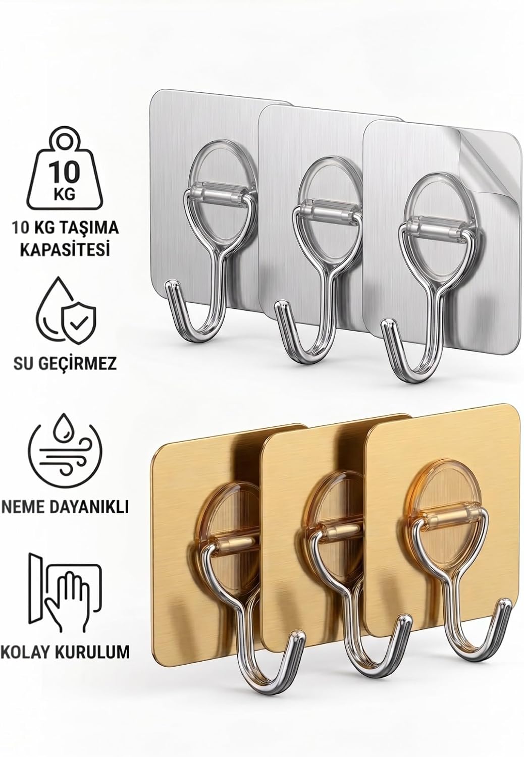 Yapışkanlı Askılık Seti, 3'lü, Gümüş ve Bronz Renk, 10 kg Taşıma Kapasiteli, Kolay Montaj (GÜMÜŞ)