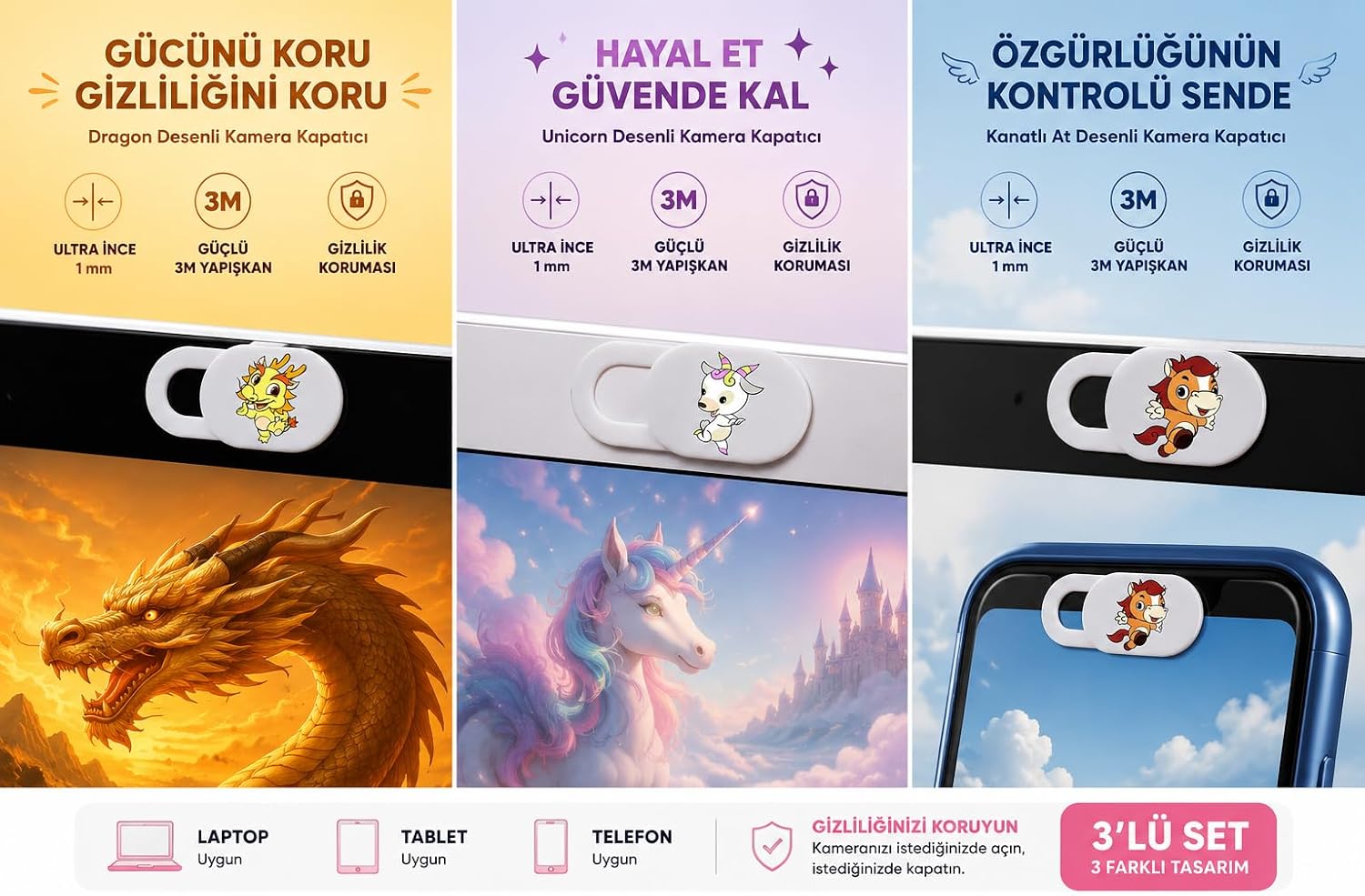 Kamera Kapatıcı 3'lü Set, 3 Farklı Karakter Tasarımlı Ultra İnce 1 mm Sürgülü Webcam Cover, Güçlü 3M Yapışkanlı Laptop Tablet Telefon MacBook iPad Uyumlu Kamera Gizlilik Kapağı