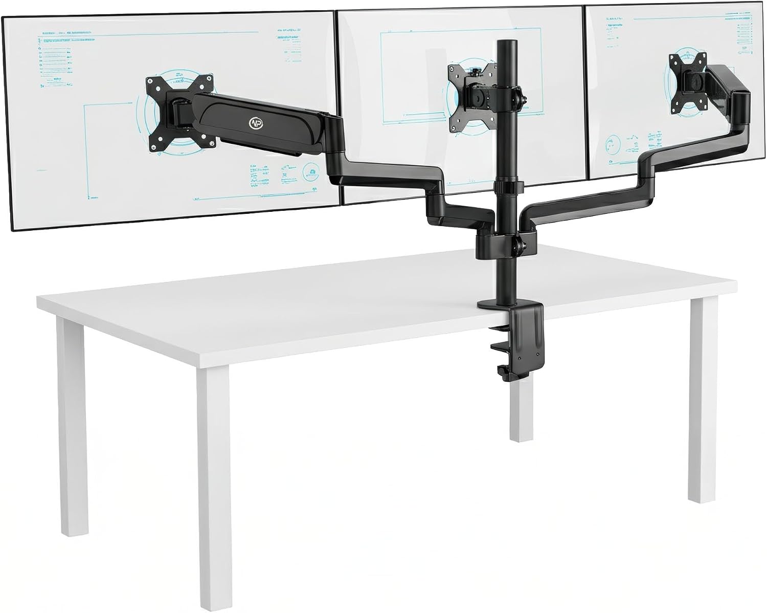 STD48036E 17"-27" Üçlü Ergonomik Monitör Kolu, 3 Ekranlı Amortisörlü Stand, 360 Pivot VESA Tutucu, Trader/Yazılımcı Kurulumu (3x7kg)
