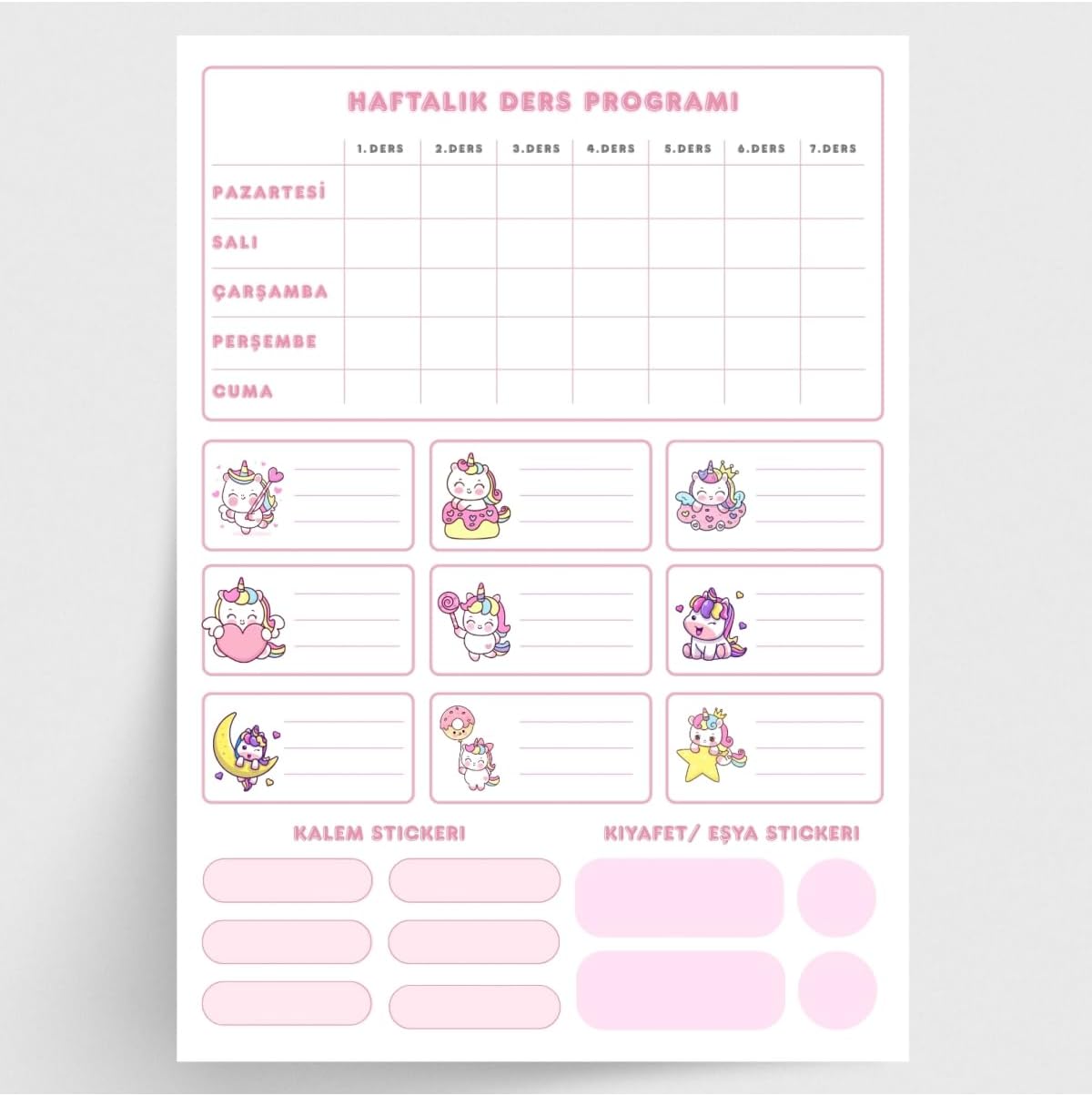 Figürlü isimlik, ders programı, kalem ve eşya sticker seti, pembe 10 sayfa