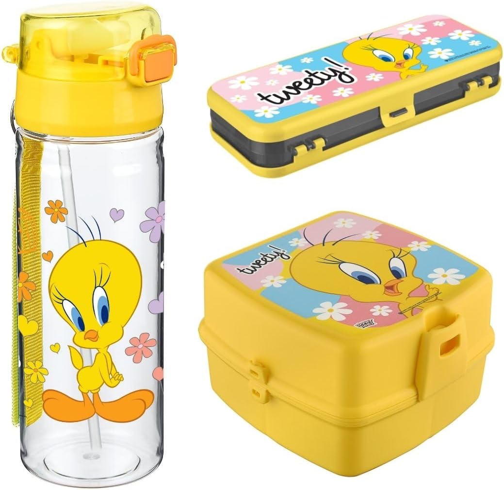 3'LÜ okul seti SULUK ve KARE Beslenme Seti ve Kalemlik - Sızdırmaz Suluk ve çok bölmeli Beslenme Kutusu ve Kalemlik (tweety)
