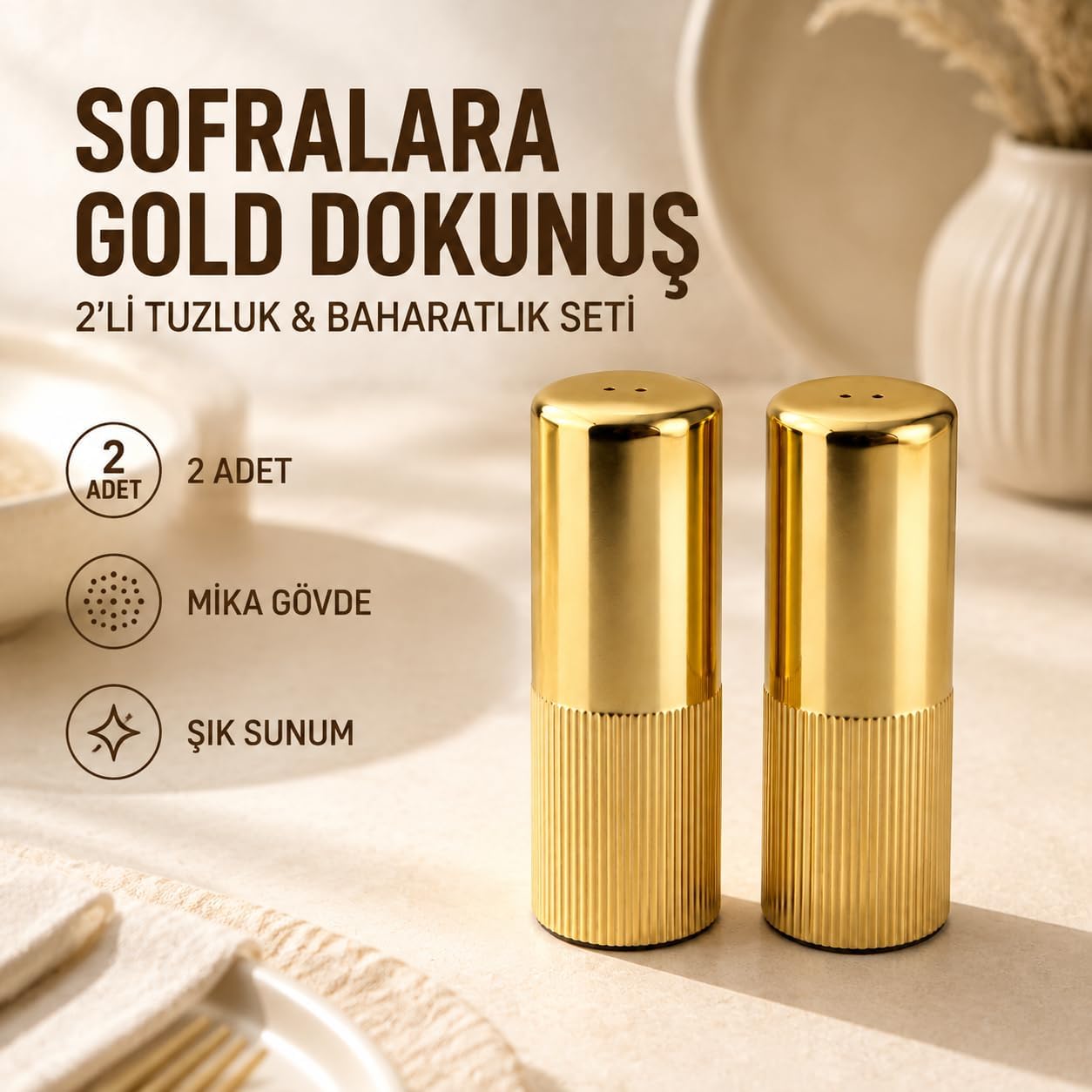 2’li Gold Tuzluk ve Baharatlık Seti, Şık Çizgili Mika Gövde, Masa ve Mutfak Kullanımına Uygun Dekoratif Tuz Biber Kabı