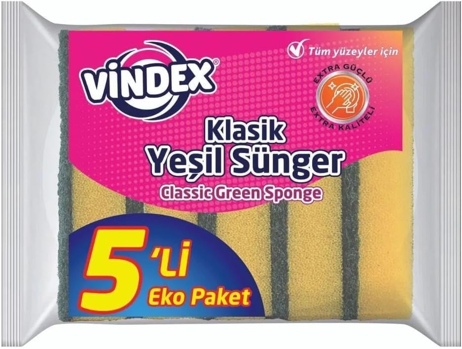 Vindex Klasik Yeşil Bulaşık Süngeri, 5'li Ekonomik Paket, Mutfak Temizliği için