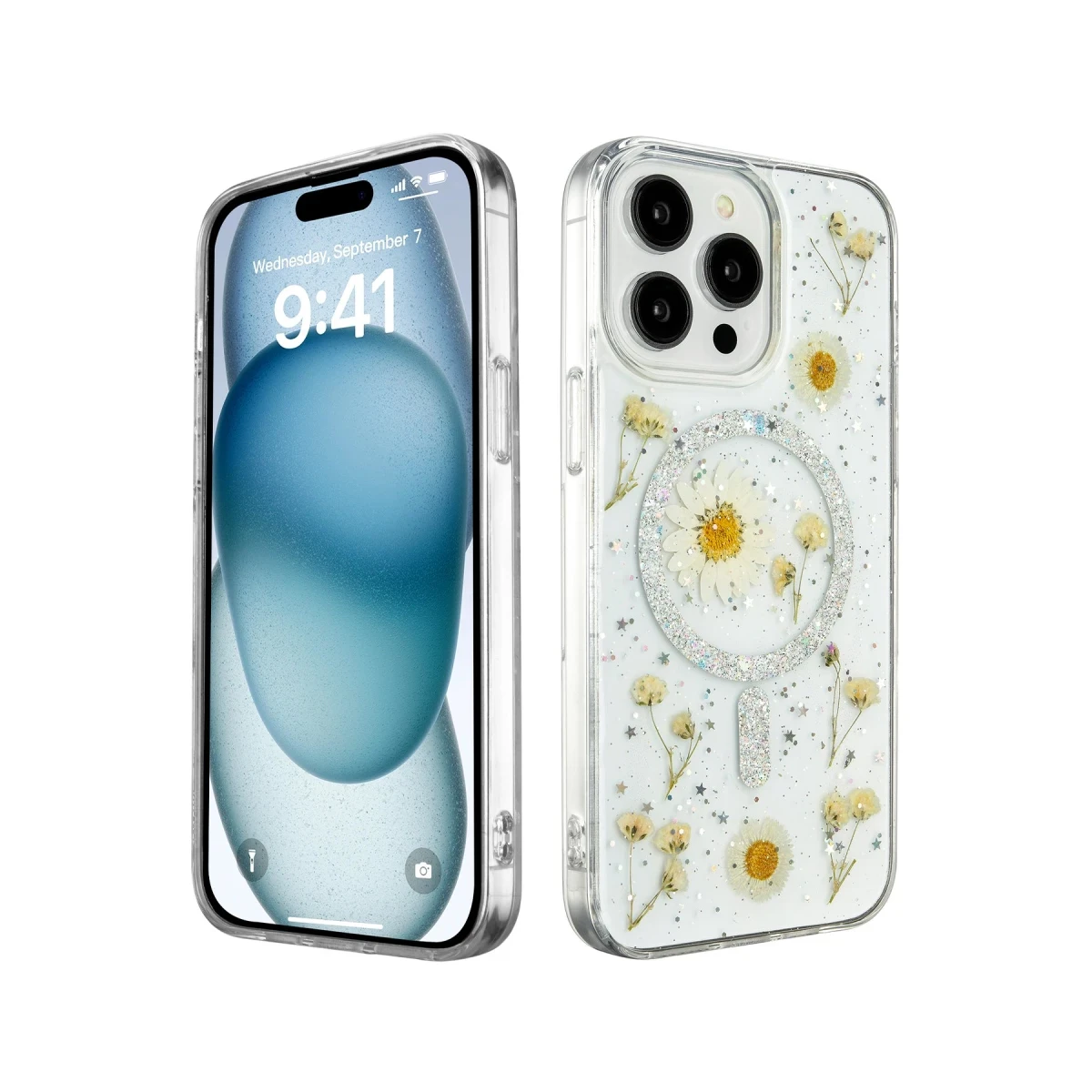 Apple iPhone 15 Pro Kılıf Daisy Simli Magsafe Kapak - Gümüş