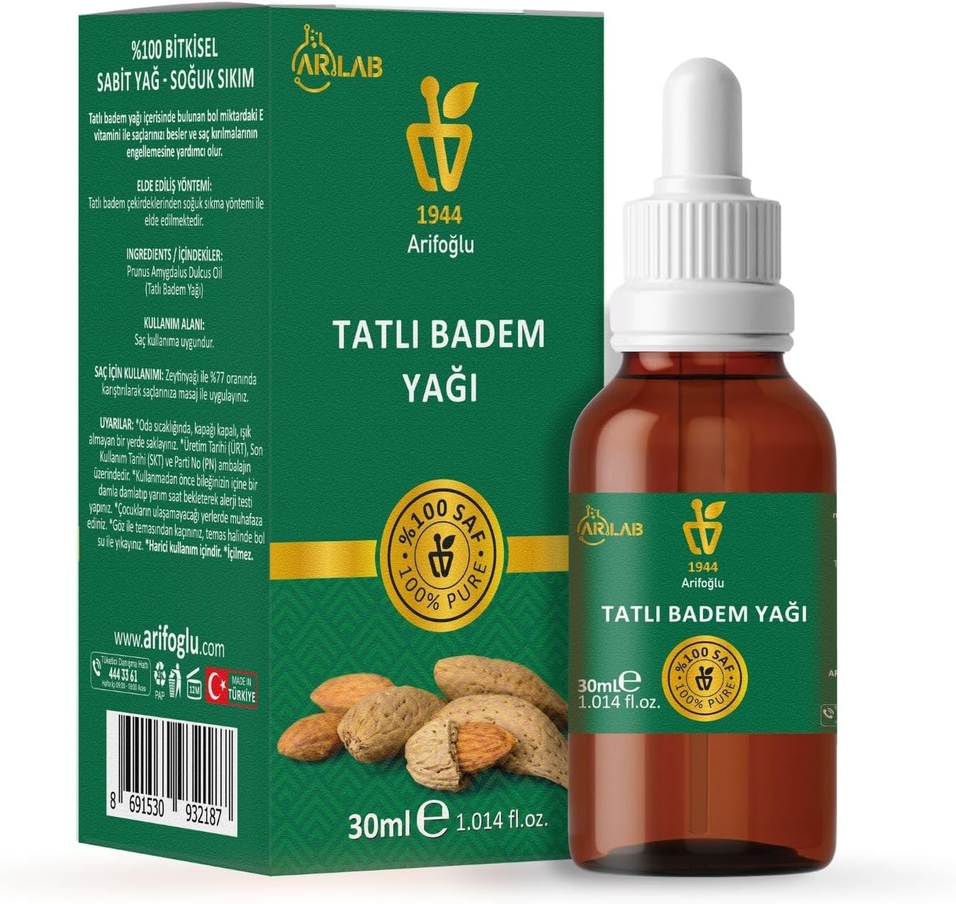 Tatlı Badem Yağı 30ml%100 Saf Sweet Almond Oil Pure Prunus Amygdalus Dulcus Oil
