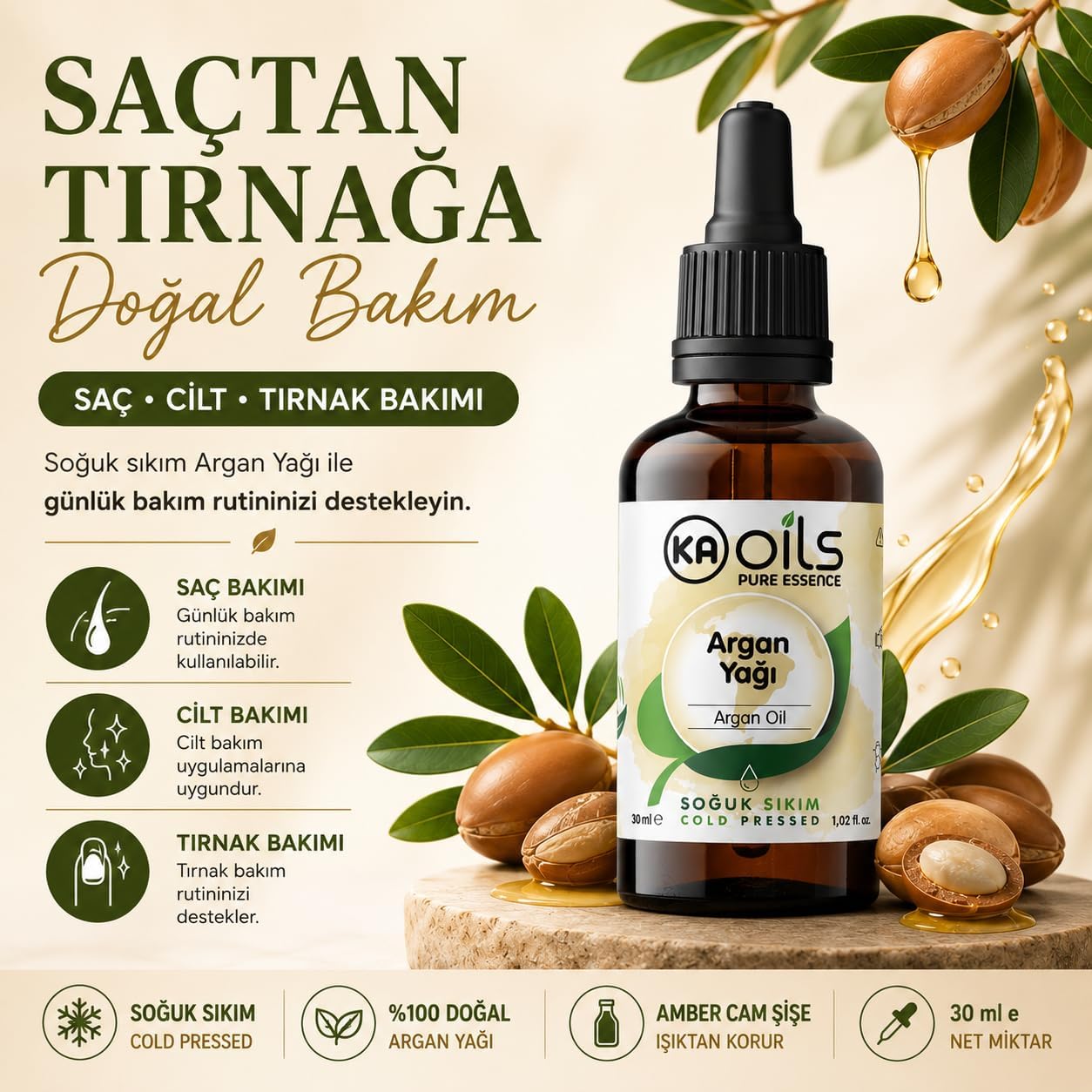 KAOils Argan Yağı 30 ml | 100% Pure Argania Spinosa Kernel Oil | Soğuk Sıkım Doğal Taşıyıcı Yağ | Saç ve Cilt Bakımı İçin Onarıcı Besleyici