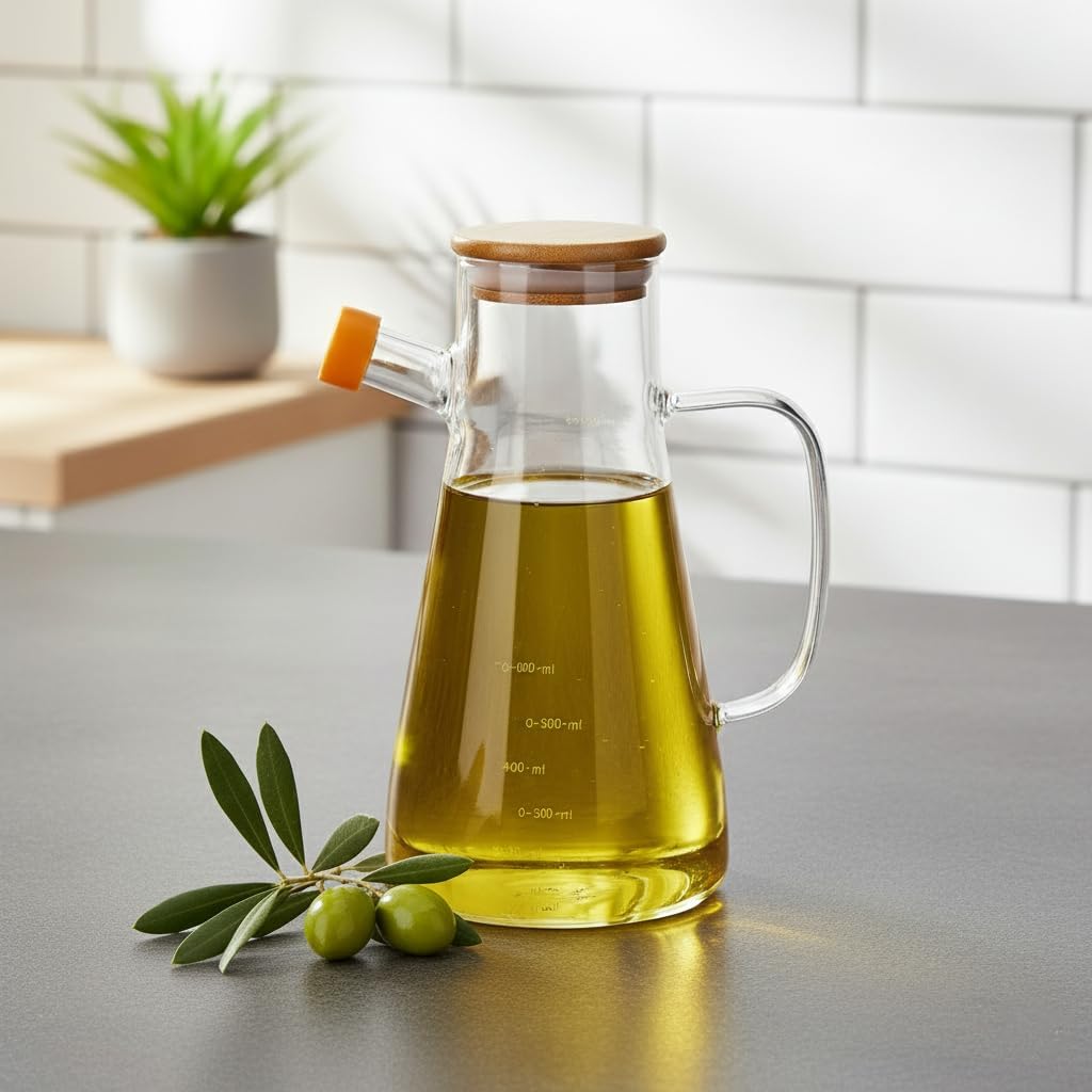 1 Adet 900 ML Bambu Kapaklı Borosilikat Cam Yağlık ve Sirkelik, Isıya Dayanıklı ve Ölçekli Tasarım, Damlatmaz Ağızlı Modern Mutfak Sosluk Şişesi