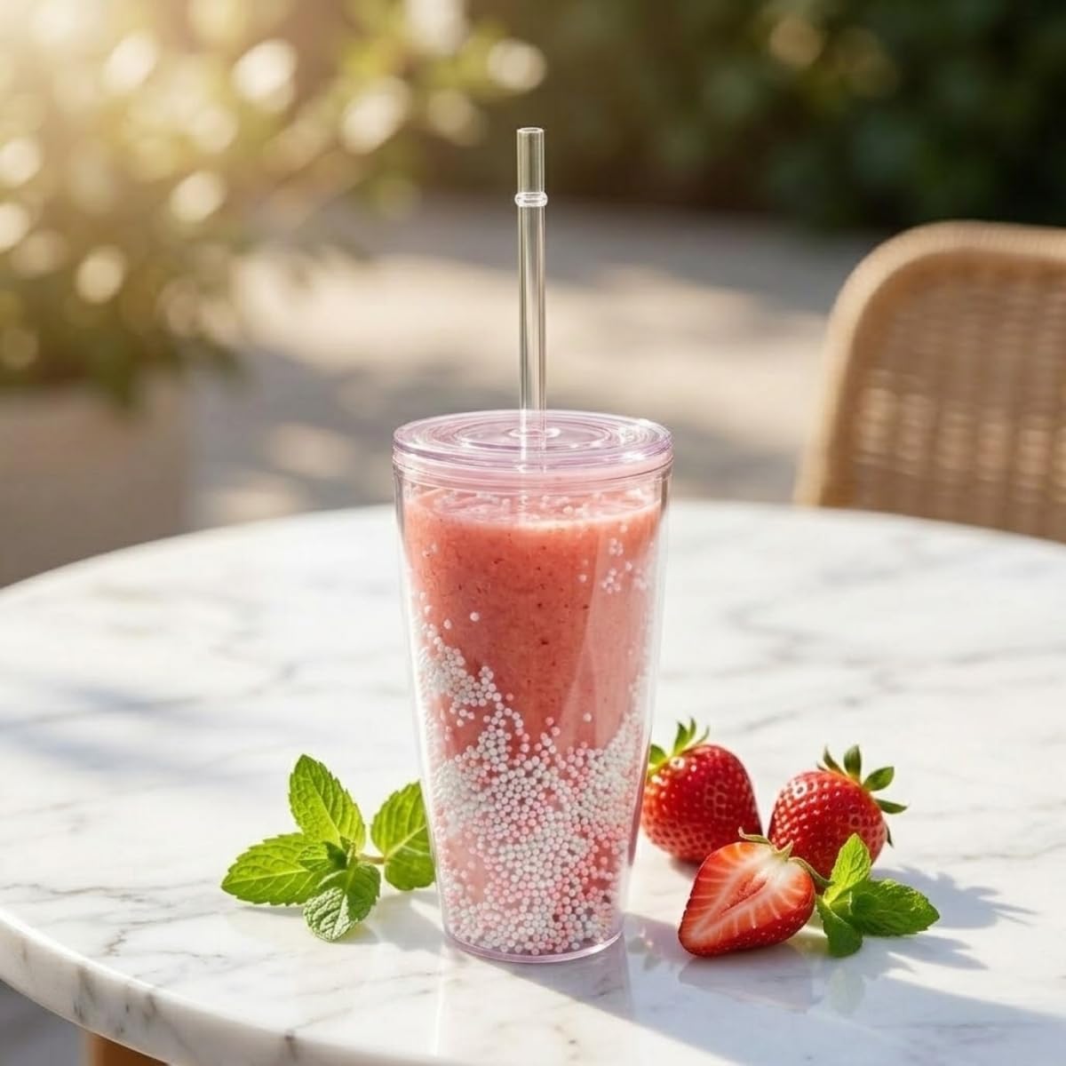Pipetli Çift Katmanlı Soğuk İçecek Bardağı – Boncuklu Tasarımlı Kapaklı Pipetli Bardak 20 cm, Smoothie ve Soğuk İçecekler için Yeniden Kullanılabilir Bardak