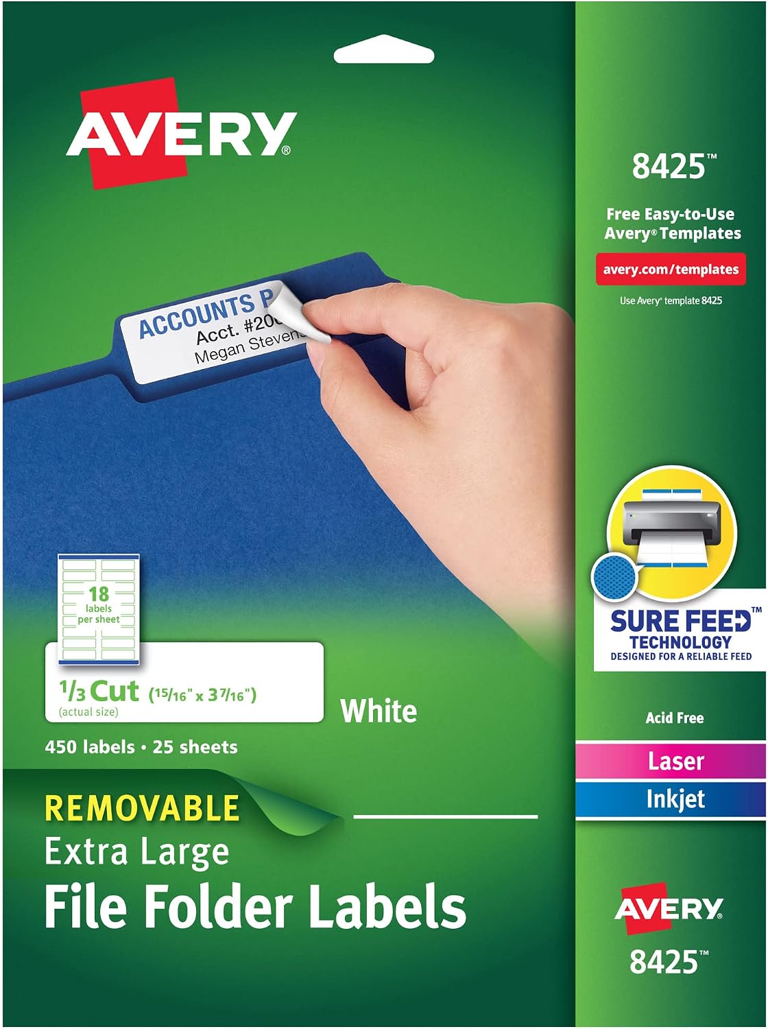 Ekstra Büyük Dosya Klasör Etiketleri, Çıkarılabilir Yapıştırıcı, Mat Beyaz, 15/16" x 3-7/16", 450 Etiket (8425)