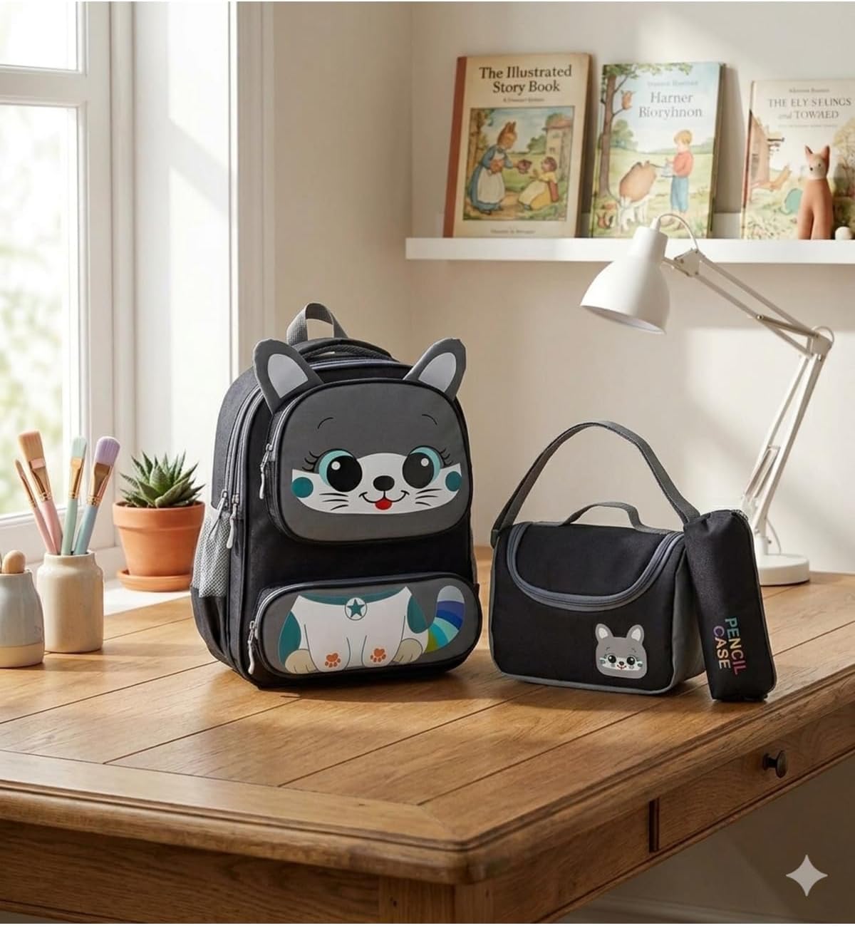 Sevimli Kedi İlkokul Çanta Seti Gri Unisex Sırt Çantası