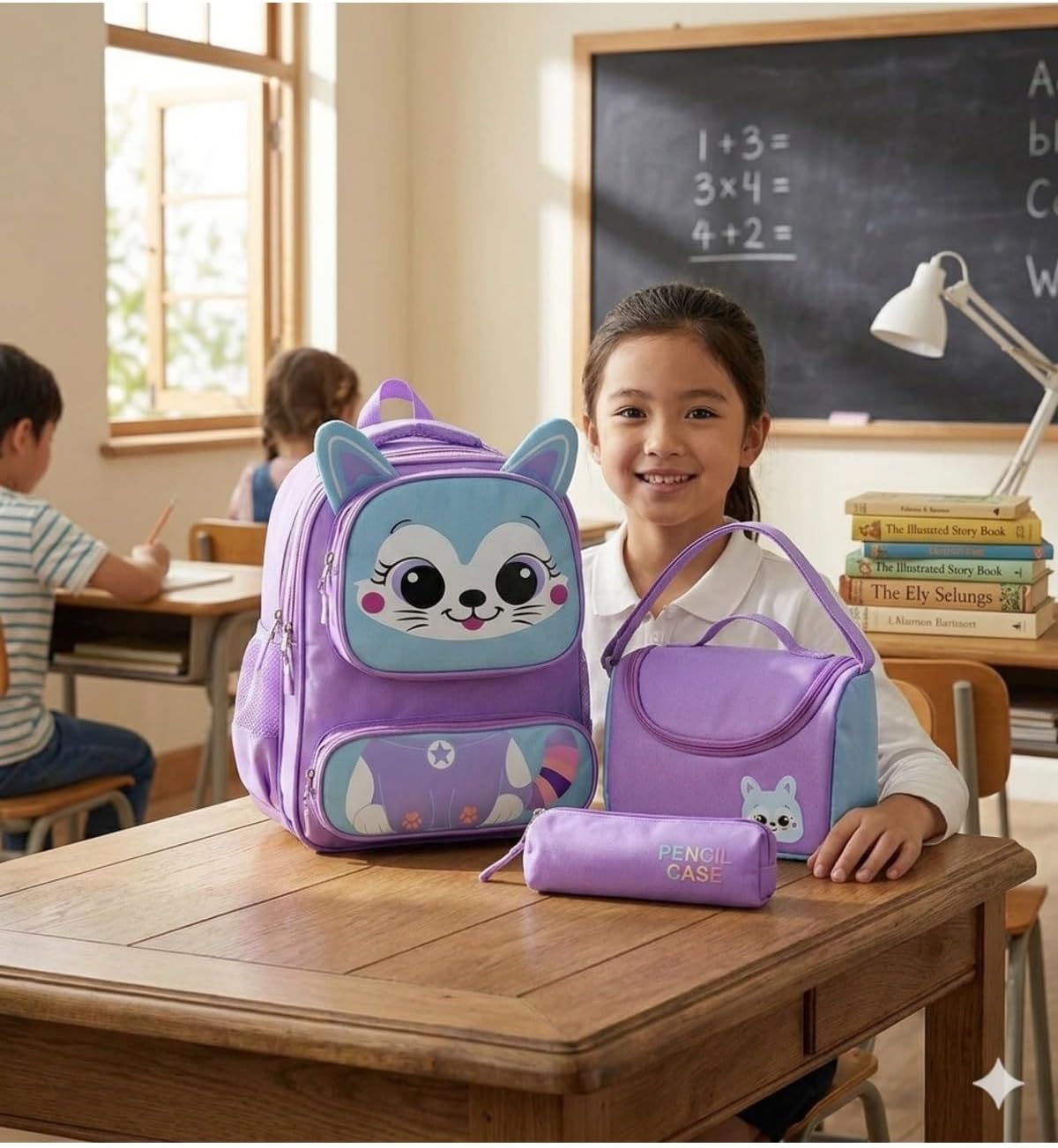 Sevimli Kedi İlkokul Çanta Seti Mor Unisex