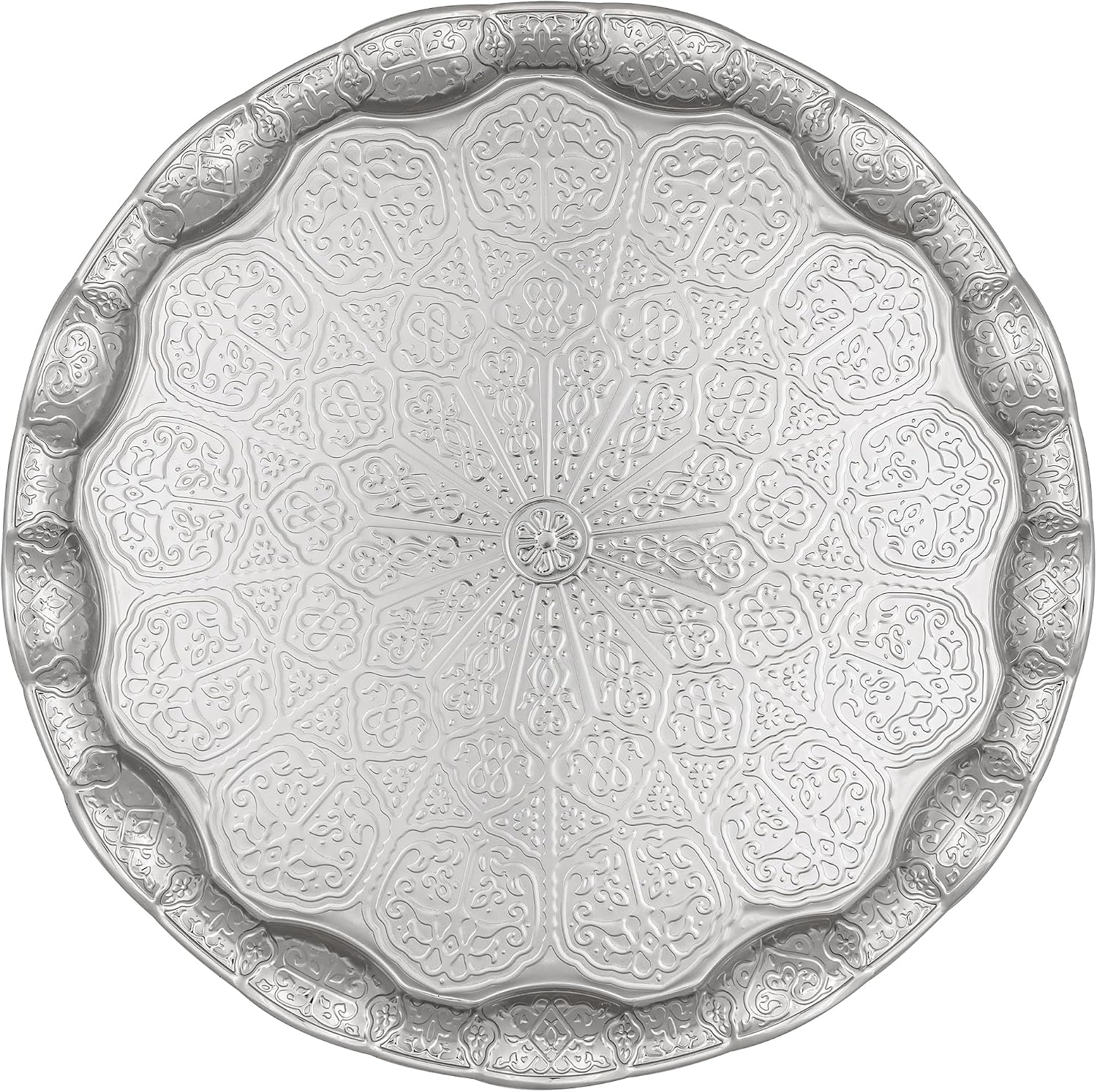 Osmanlı Motifli Metal Servis Tepsisi – 34,5 cm (13.6 inç) – Kahve ve Çay Sunum Tepsisi – 5 Renk Seçeneği (Gümüş Rengi)
