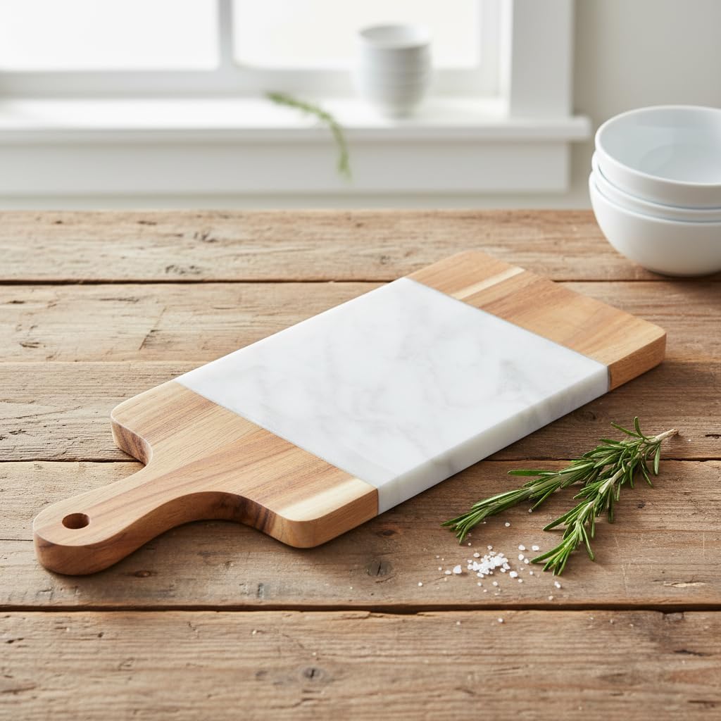 Akasya Mermer Sunumluk 33x13 cm - Doğal Ahşap ve Beyaz Mermer Detaylı Peynir, Şarküteri ve Kahvaltı Sunum Tahtası
