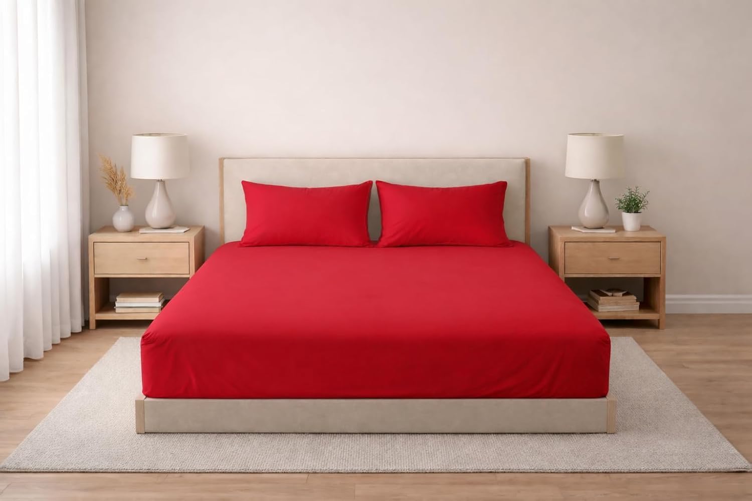 %100 Pamuklu Lastikli Çarşaf, Kırmızı, 2 Yastık Kılıfı Dahil (120x200)