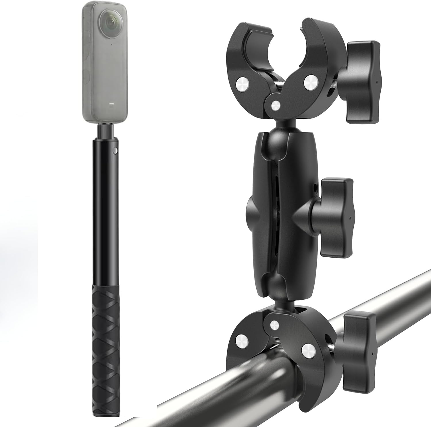 Çift Başlı Superclamp Gidon Montaj & 200cm Görünmez Selfie Çubuğu, Insta360 X3, X2, X4, X5, ONE RS, GO 3, One X, Evo ile Uyumlu, Alüminyum Çubuk, 1/4, 360­° Ayarlanabilir