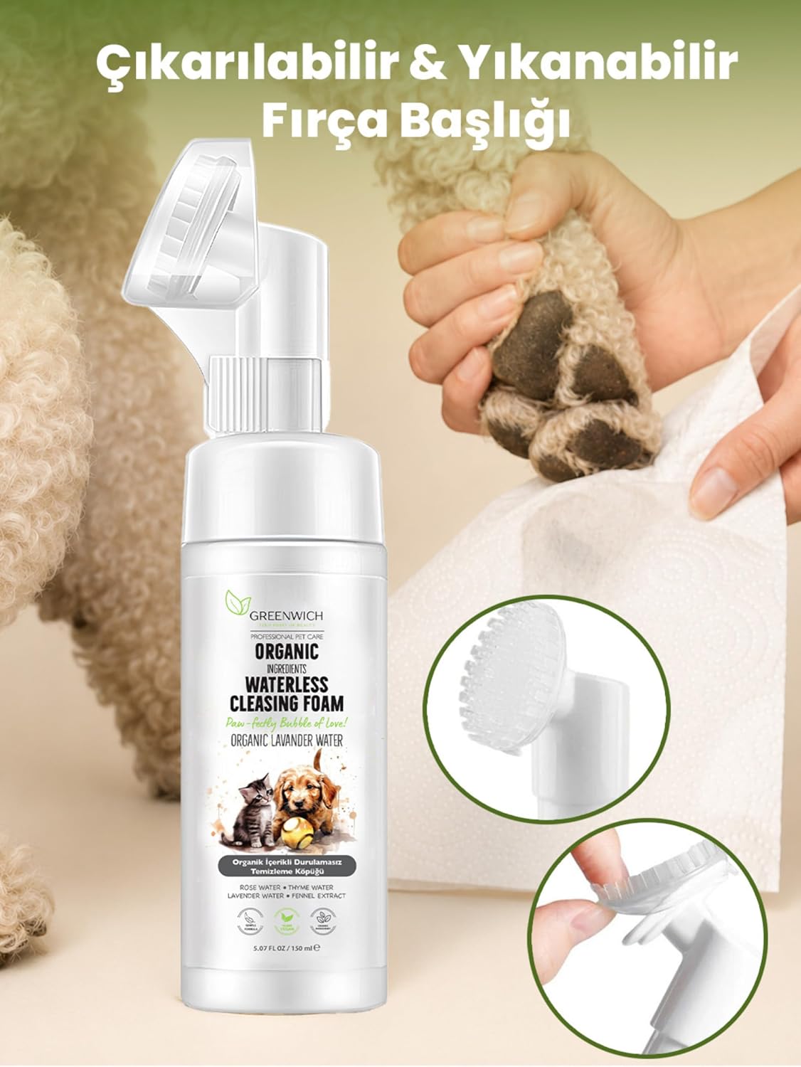 Kedi ve Köpek Pati Temizleme Köpüğü 150 ml – Durulama Gerektirmeyen Vegan Temizleme Köpüğü | Günlük Pati Hijyeni ve Pratik Bakım Desteği