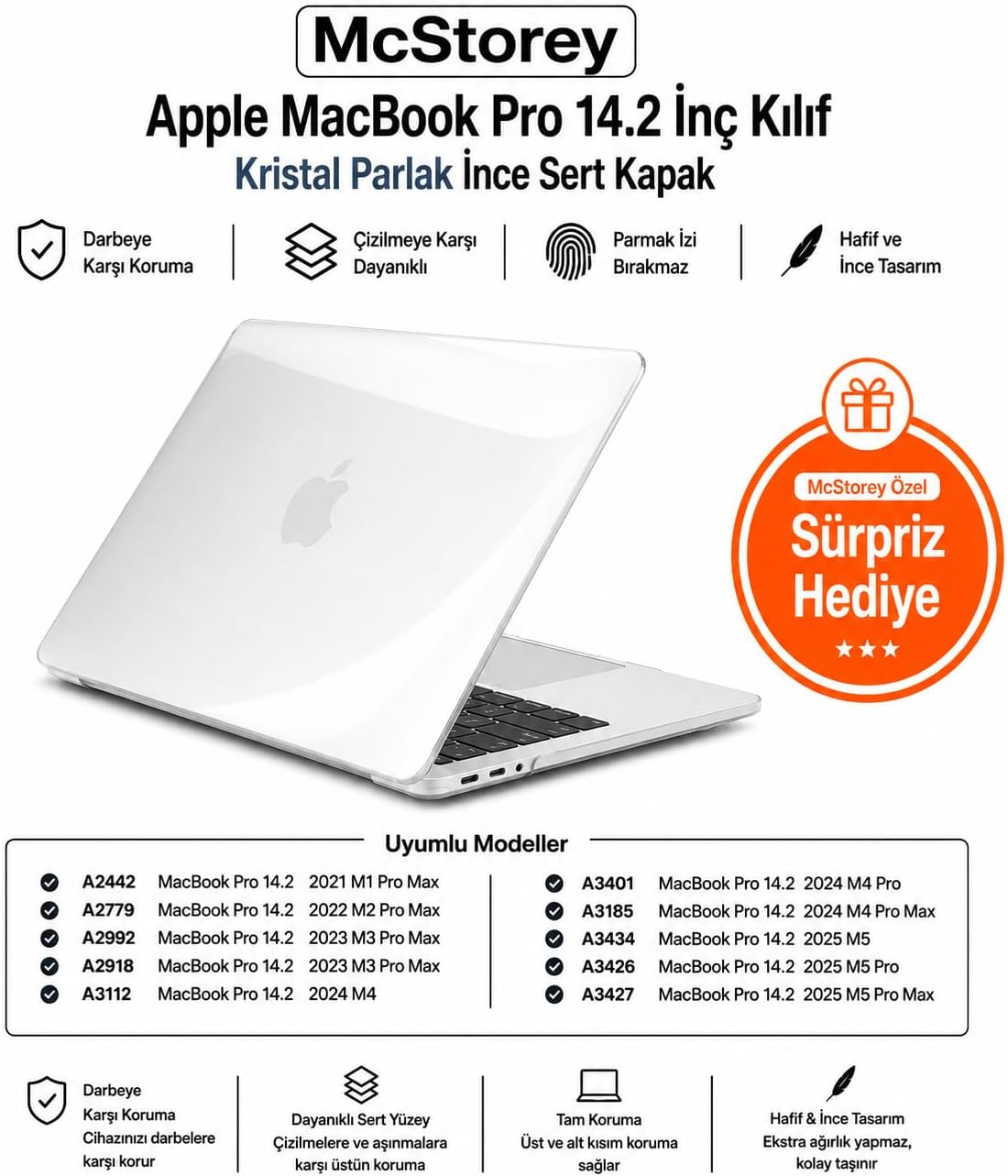 MacBook Pro 14.2 İnç Kılıf A2442 A2779 A2918 A2992 A3112 A3401 A3185 A3434 A3426 A3427 Uyumlu Kristal Parlak Şeffaf Sert Kapak Hard Case İnce Koruyucu Şeffaf