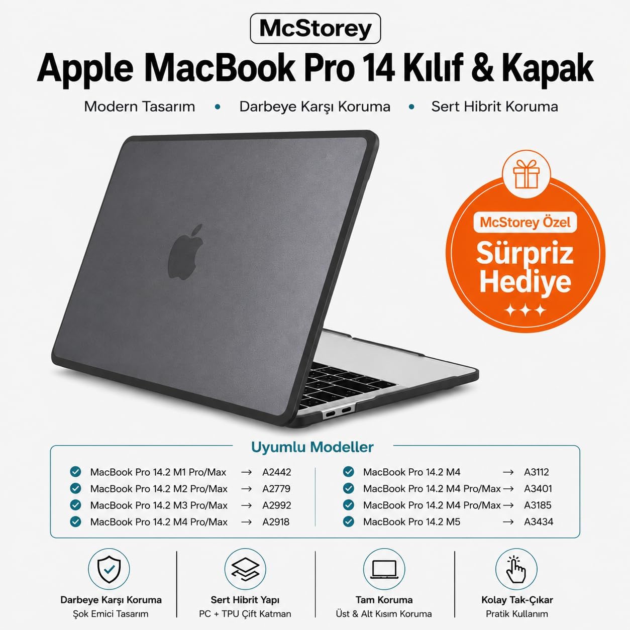 MacBook Pro 14.2 İnç Kılıf A2442 A2779 A2918 A2992 A3112 A3401 A3185 A3434 A3426 A3427 Uyumlu Shockproof Rugged Hard Case TPU Bumper Darbe Korumalı Hibrit Sert Kapak Siyah