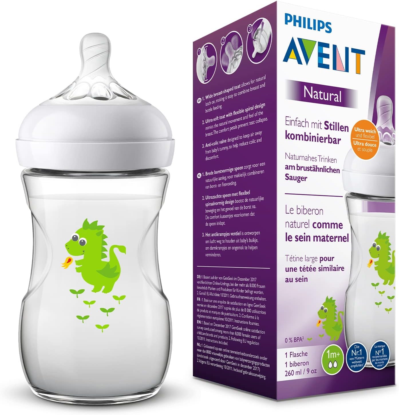 Avent Natural Flasche SCF070/24, 260 ml, naturnahes Trinkverhalten, Anti-Kolik-System, Design Drache, 1er Pack