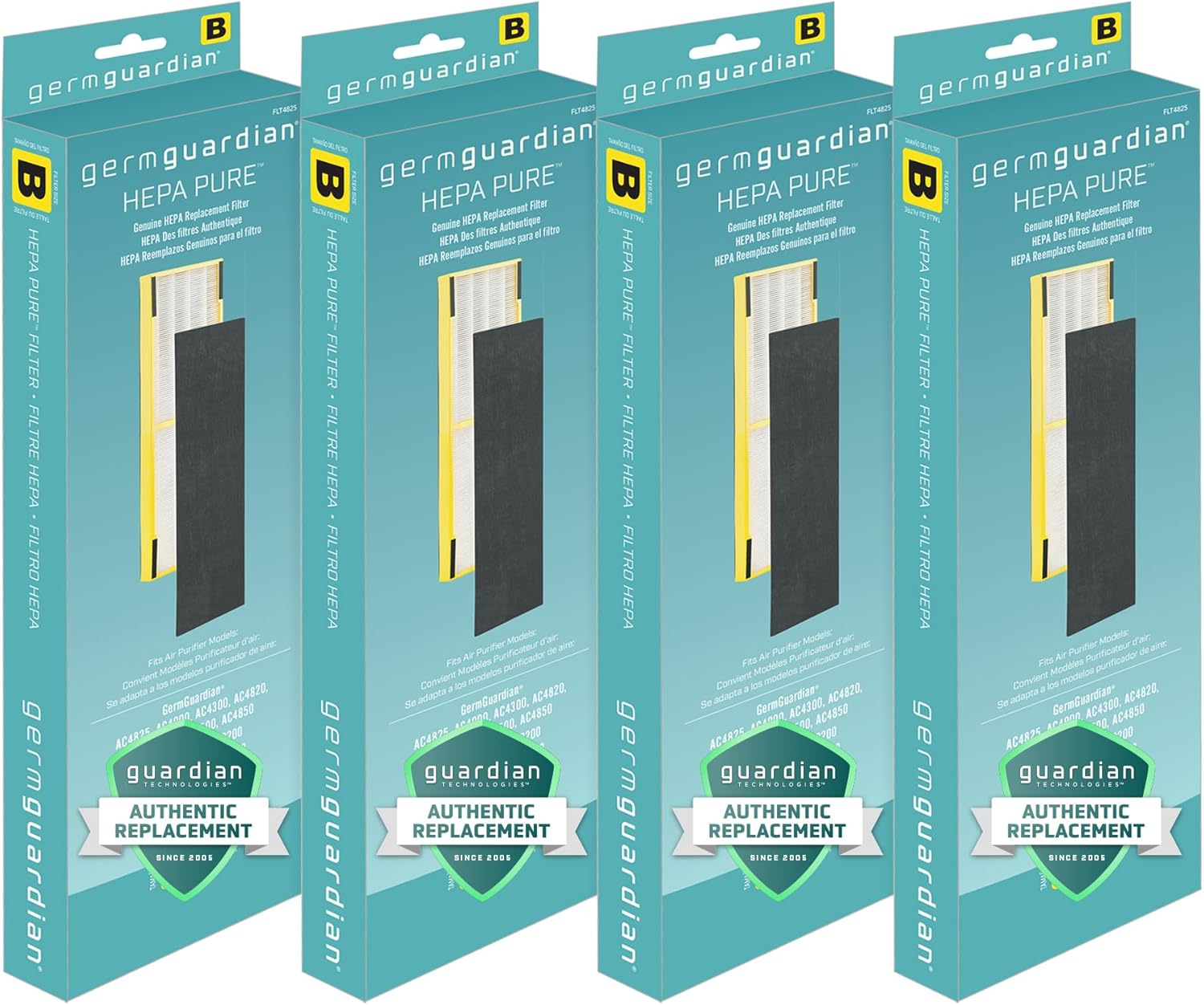 Germ Guardian FLT48254PK FLT4825 HEPA yedek filtre B, AC4825E, AC4300BPTCA, AC4850PT, AC4900CA, CDAP4500BCA, CDAP4500WCA hava temizleyici, 4 adet, gri, siyah