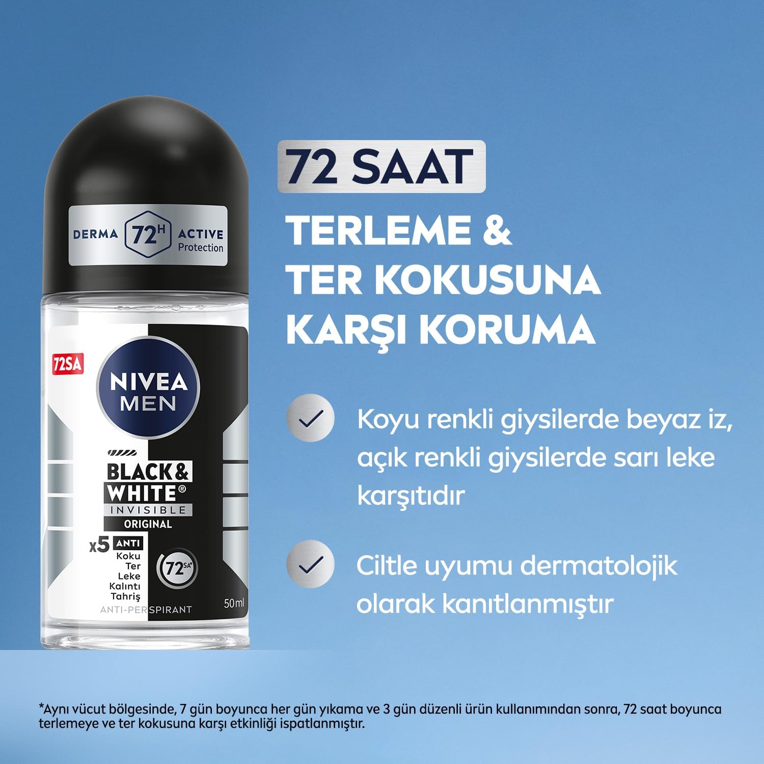 MEN Erkek Roll On Deodorant Black&White Invisible Original 50 ml,72 Saat Anti-perspirant Terleme ve Ter Kokusuna Karşı Koruma,Giysilerde Leke Karşıtı,Erkeksi Koku,Etil Alkol İçermez