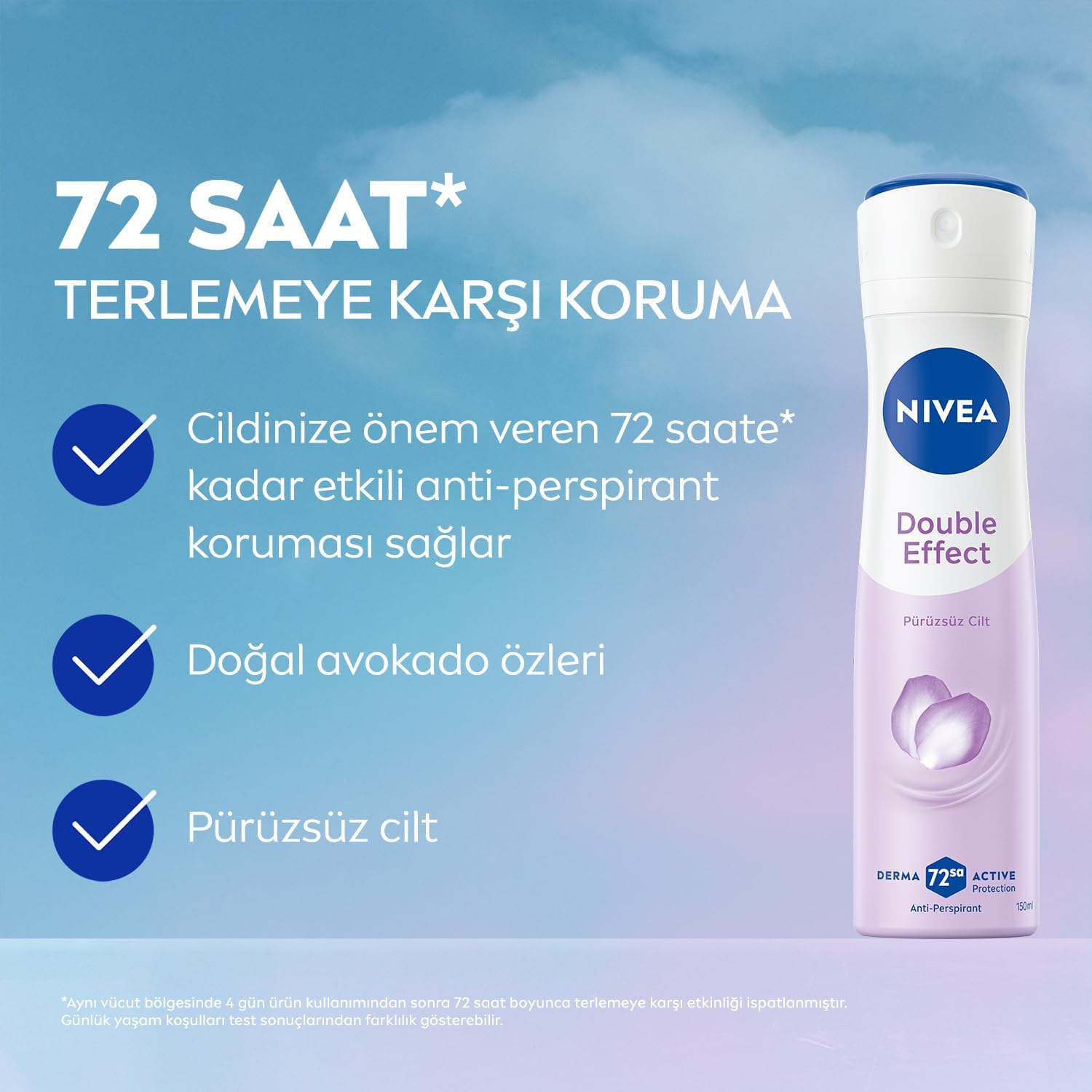 Kadın Sprey Deodorant Double Effect 150ml, 72 Saat Anti-perspirant Koruma, Alkolsüz, Pürüzsüz Cilt, Doğal Avokado Özleri