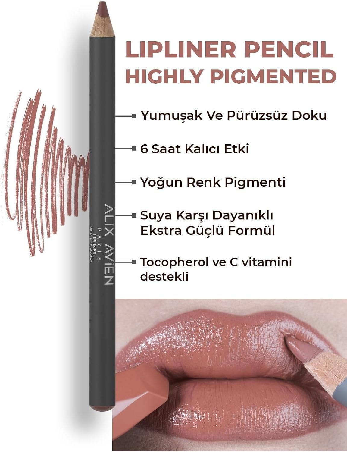 Uzun Süre Kalıcı Dağılma Yapmayan Nemlendirici Dudak Kalemi - Lipliner Pencil 05 Milky Cocoa
